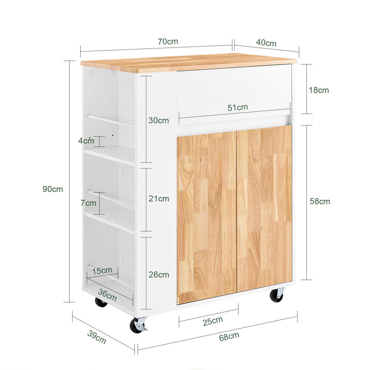 KÜCHENWAGEN Weiß - Weiß, Holzwerkstoff (70/90/40cm) - SoBuy