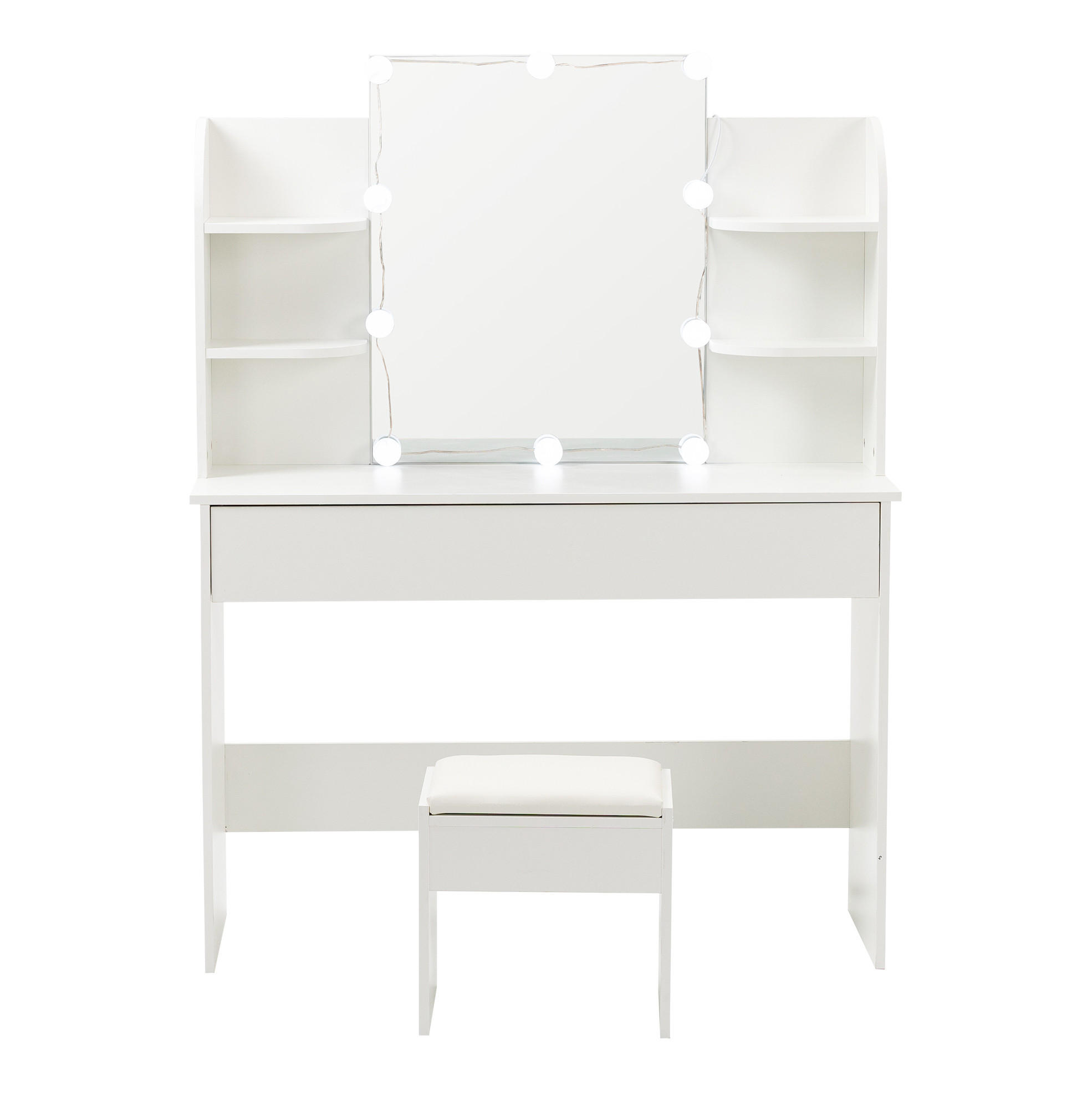 SCHMINKTISCH aus MDF 105x40x130 cm Weiß mit LED-Beleuchtung, 3-teiligem Spiegel und viel Stauraum - Weiß, Holzwerkstoff (105/130/40cm) - Modfu