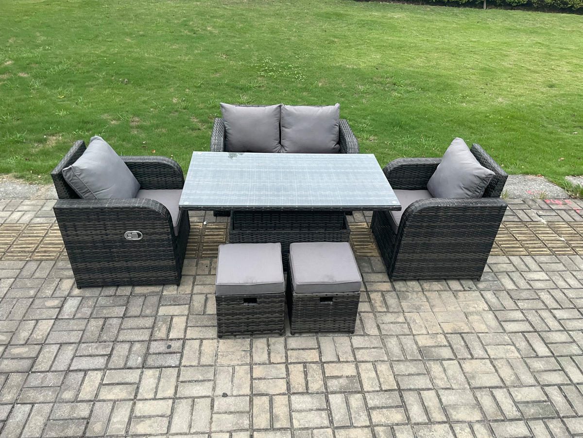 GARTENMÖBELSET mit Höhenverstellbarer Esstisch 6-Sitzer Grau - Dunkelgrau/Grau, Glas/Kunststoff - Fimous