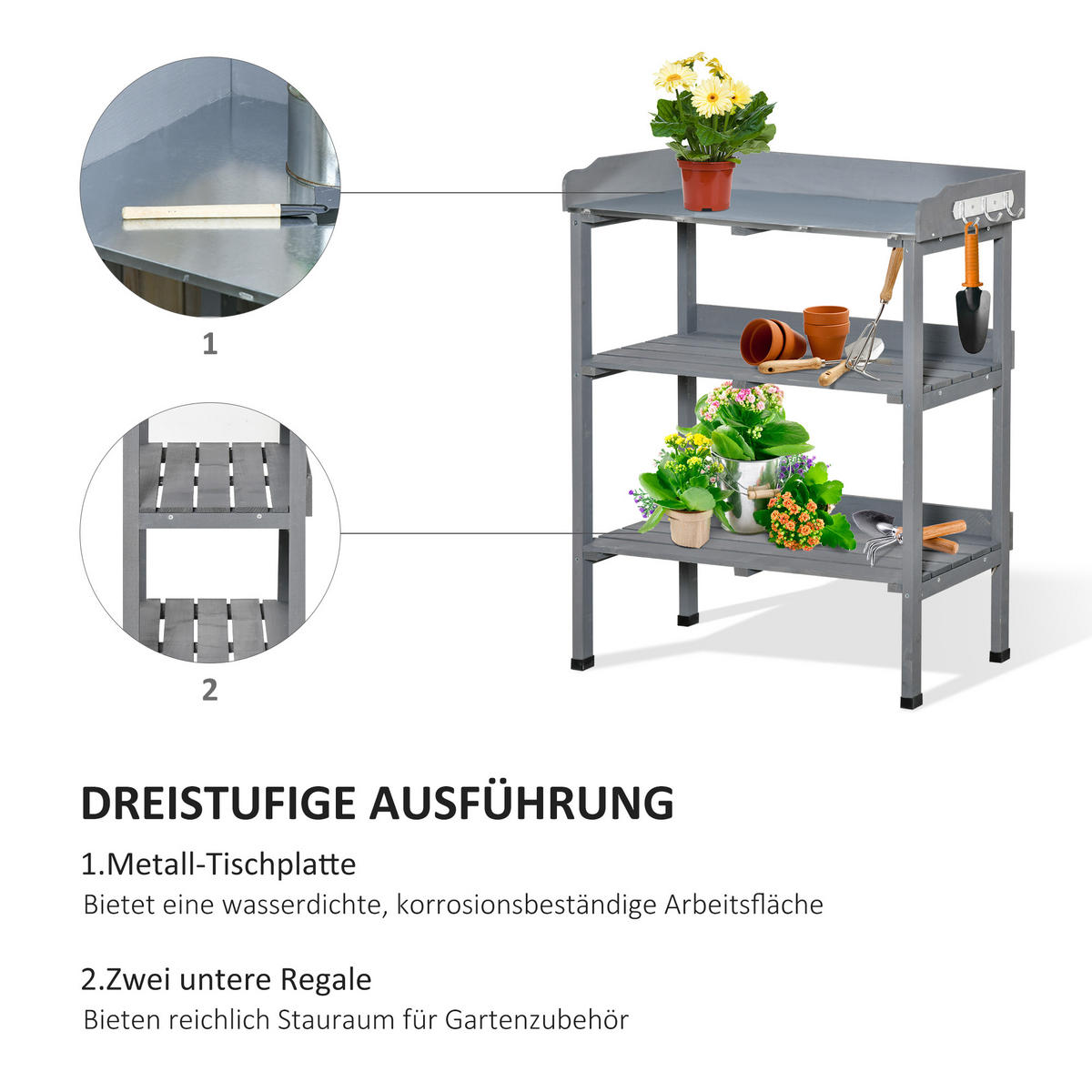 PFLANZTISCH Gärtnertisch Blumentisch mit Metall Arbeitsfläche Garten Holz Grau - Grau, Holz (76/37/89cm) - Outsunny