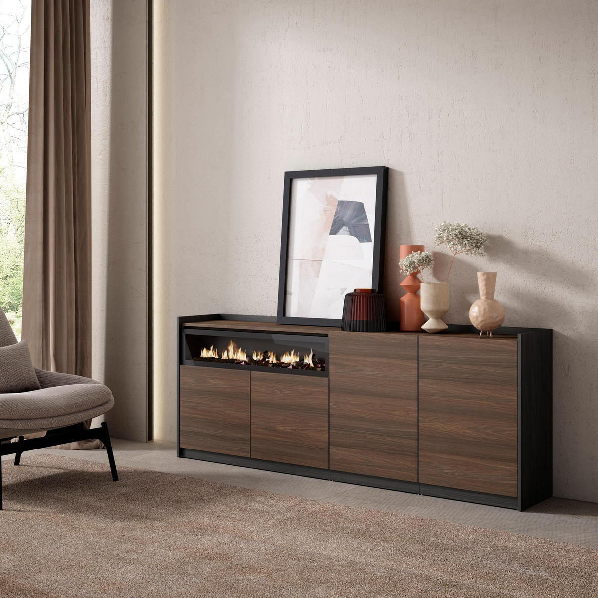 SIDEBOARD, Dunkler Eiche und Schwarz, Elektrokamin, 207/37/80cm - Dunkelbraun, Holzwerkstoff (207/80/37cm) - Skraut Home