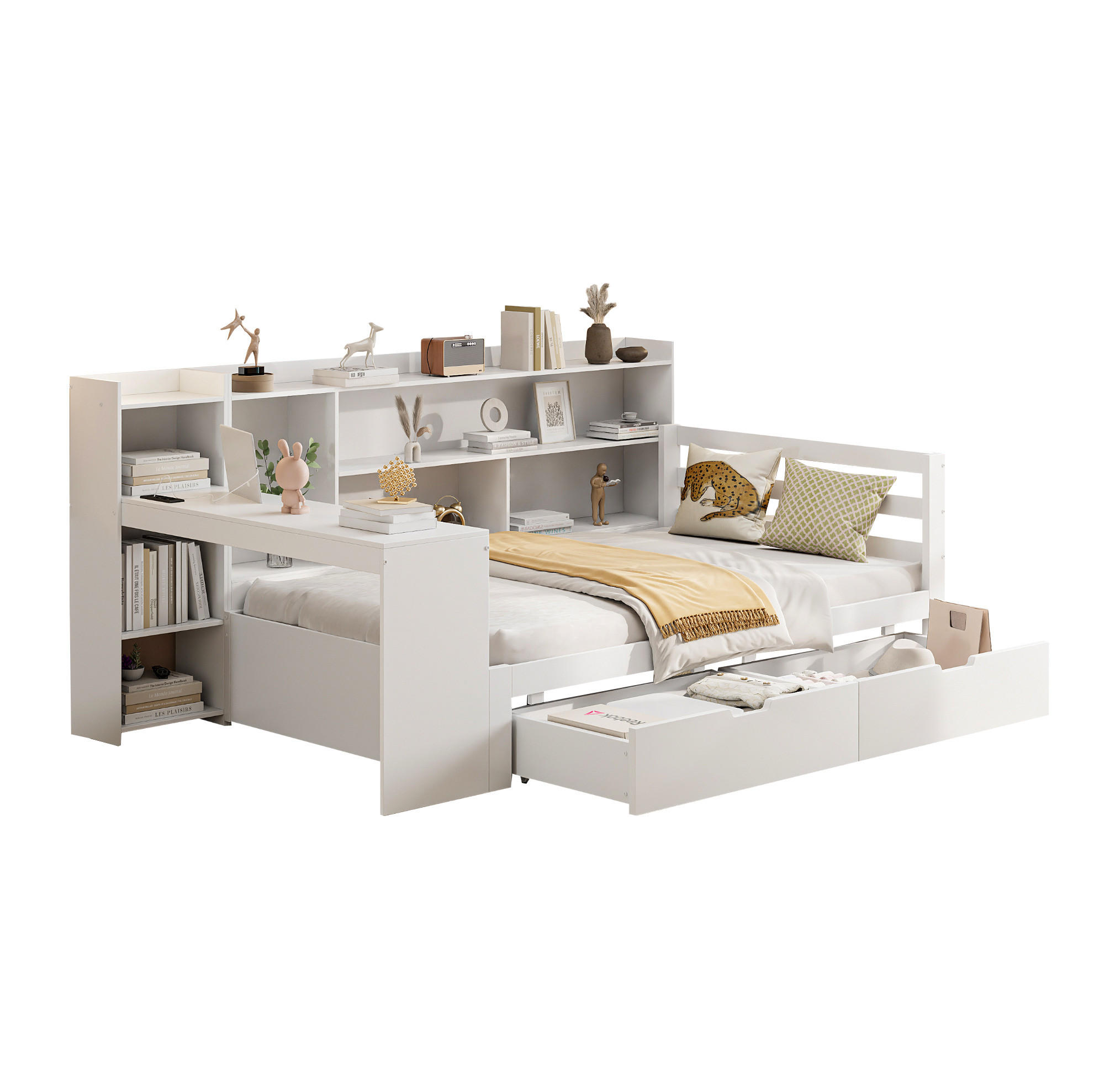BETT 90/200 cm aus Massivholz mit Schreibtisch, Regalen und 2 Schubladen - Weiß, Holzwerkstoff (90/200cm) - BEAOK