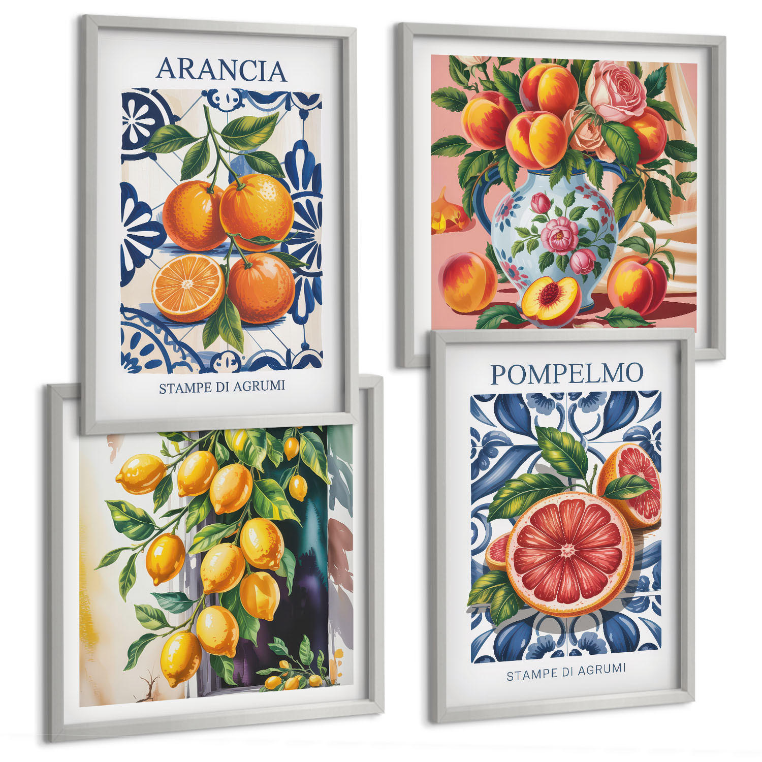 BILDER SET 4er Set - 50x50 cm & 40x60 cm Silberner Rahmen - Italienische Zitrus-Modeplakate - Silberfarben, Kunststoff (50/50cm) - TULUP