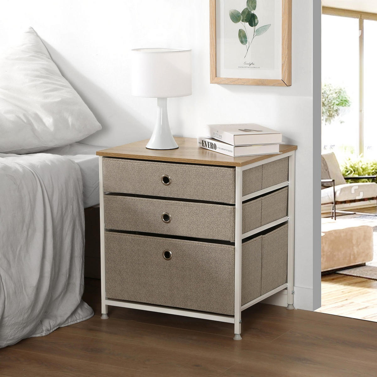 KOMMODE mit 3 Schubladen aus hellem Vliesstoff - L48 cm - Weiß, Holzwerkstoff (40/51/48cm) - Calicosy