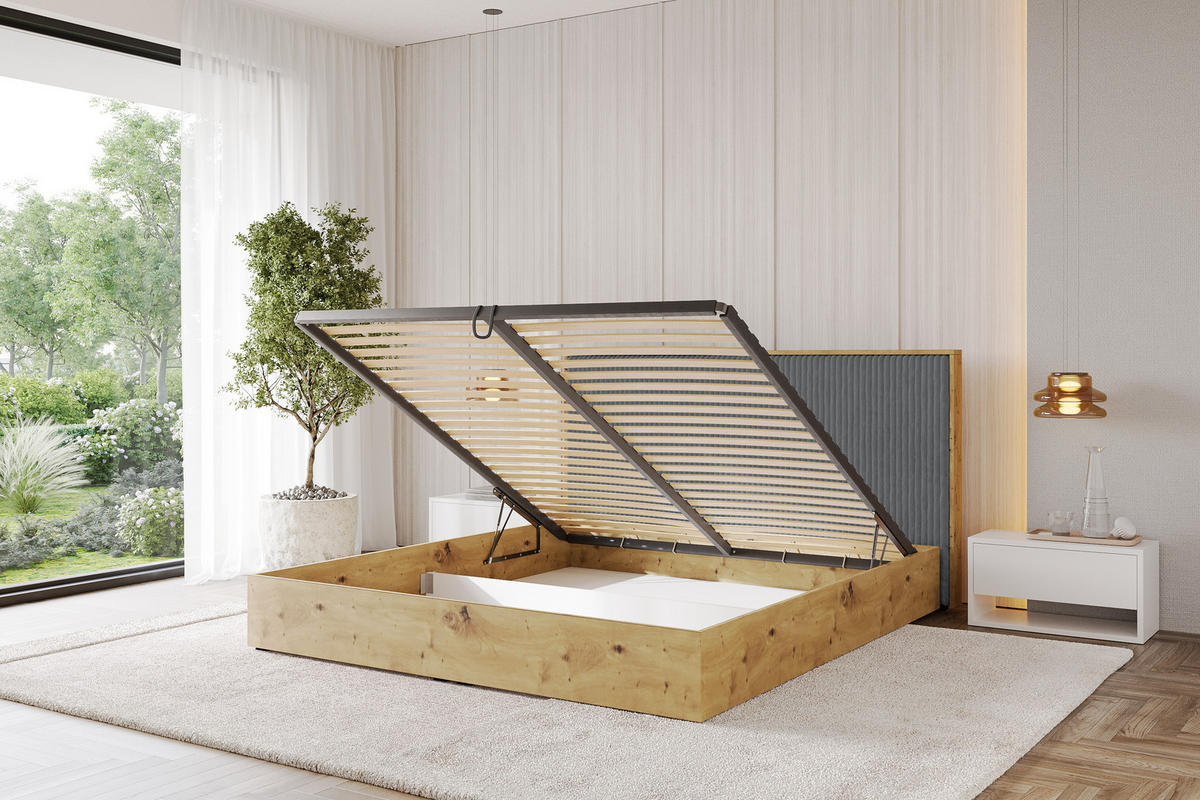 POLSTERBETT mit Bettkasten und Lattenrost, Boxbett mit Kopftei und Stauraum ohne Matratze - ENZO10 140x200 Dunkelgrau - Dunkelgrau, Holzwerkstoff/Textil (140/200cm) - ALTDECOR