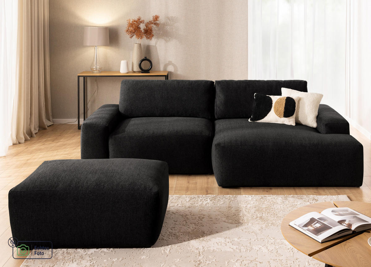 ECKSOFA inkl. Hocker Lennon aus Schwarz Strukturstoff mit Schlaffunktion und Bettkasten - Schwarz, Holz/Kunststoff (264/137cm) - S-Style