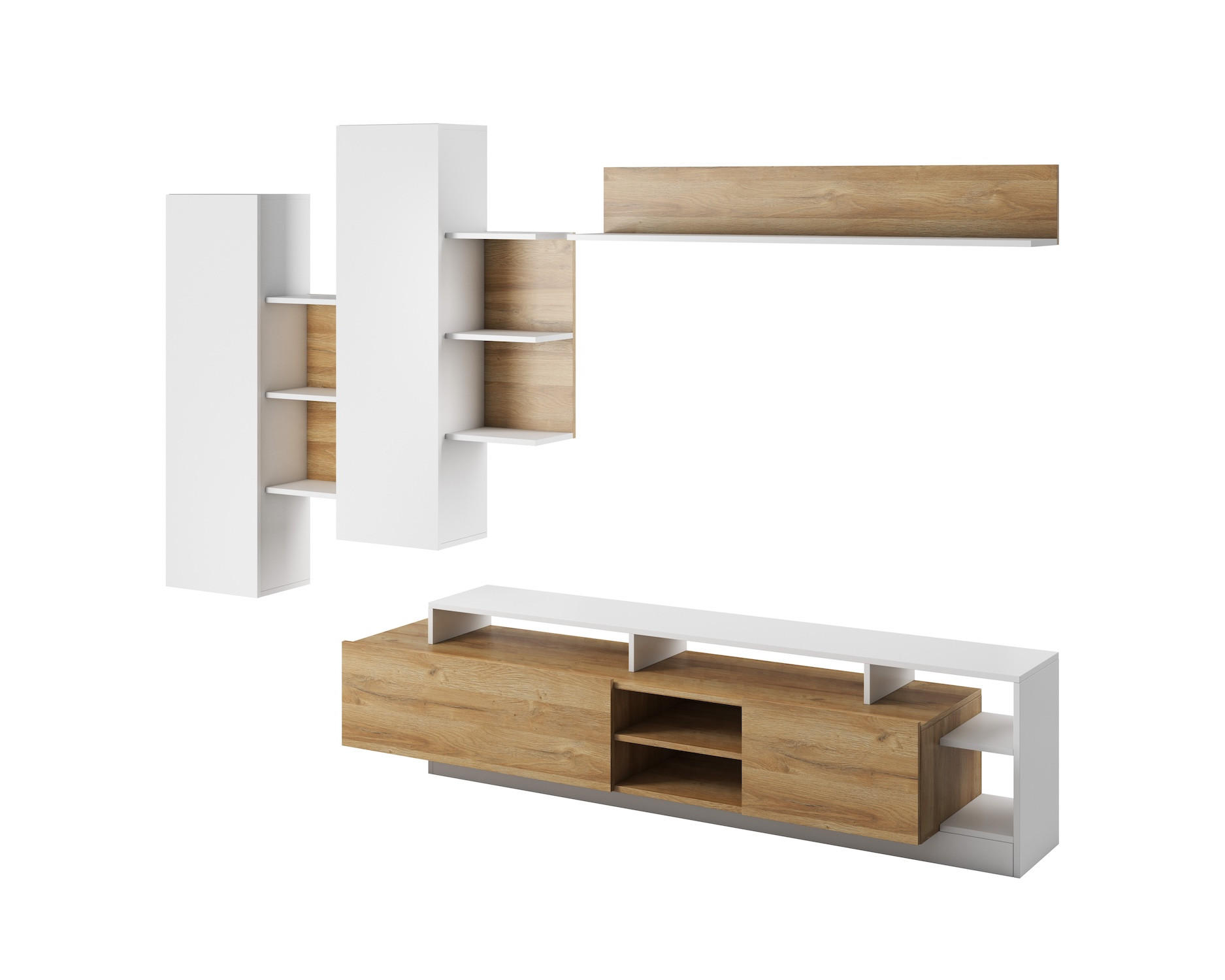 WOHNWAND Alva Grand Eiche / weiß 190 cm / 17-43 cm / variabel - Eichefarben/Braun, Holz/Holzwerkstoff (190/168/43cm) - Feldmann-Wohnen