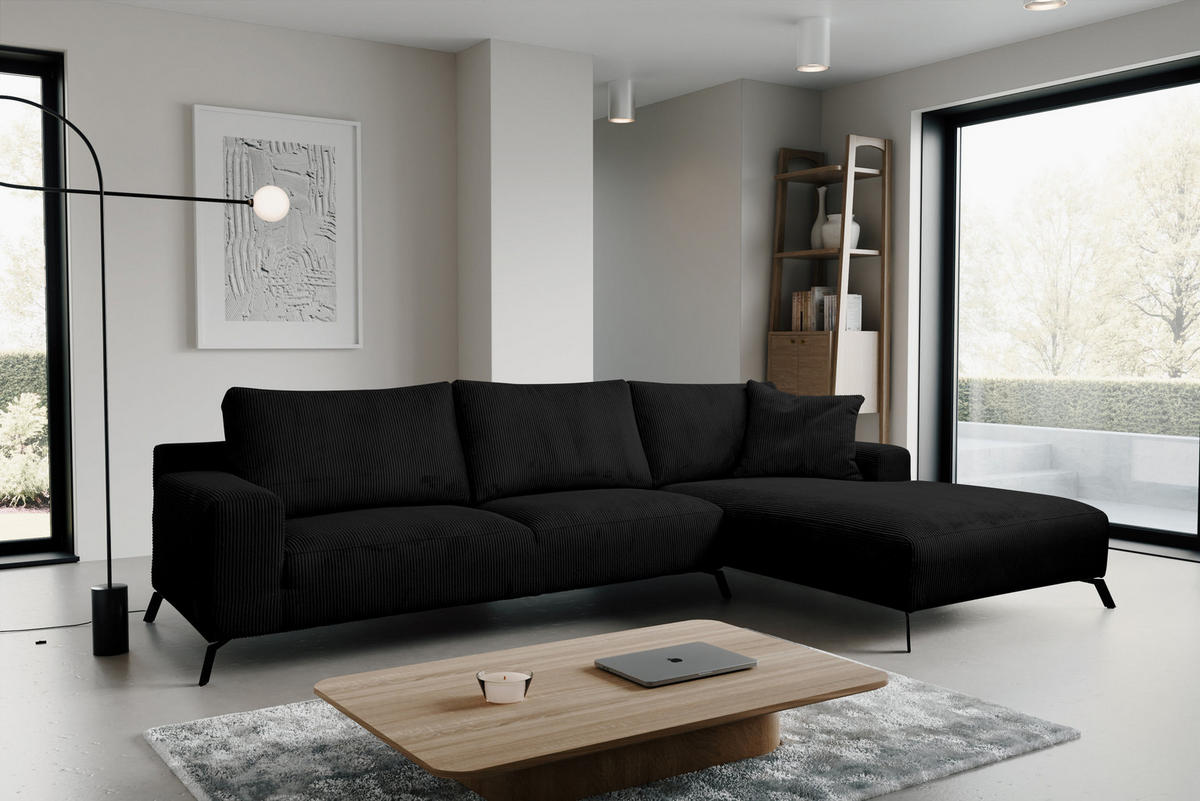 ECKSOFA Aspen in L-Form, Coach Farbe: Schwarz, Cordstoff, Ottomane Rechts - Schwarz, Textil (312/187cm) - VENASI MÖBEL