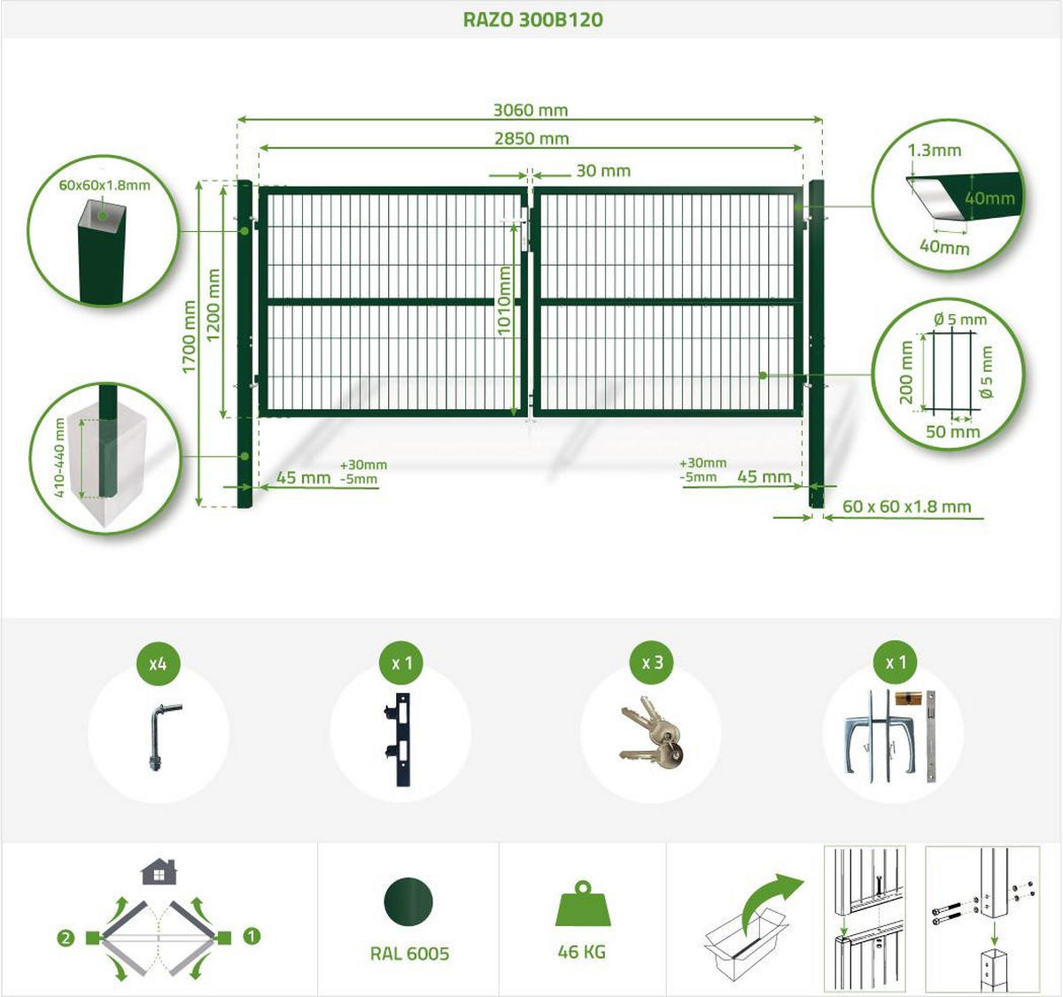 ZAUNTOR Razo Grün 3m H.120 cm + TÜRCHEN 1m H.120cm - Grün, Metall (306/126cm) - Casanoov