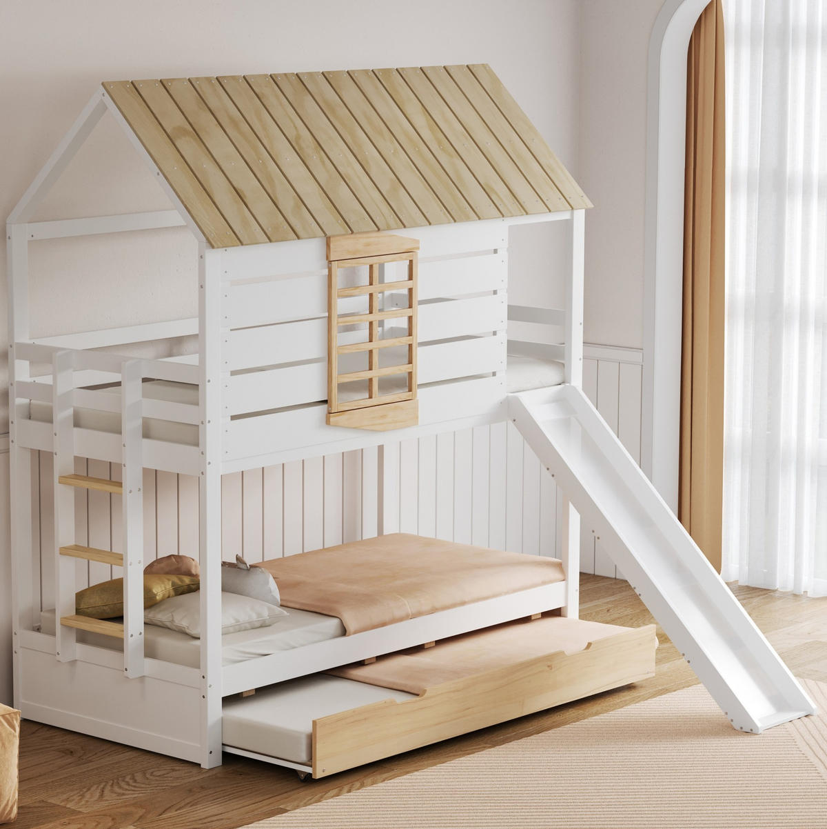 ETAGENBETT 90/200 cm Weiß aus Kiefer mit Rutsche und Ausziehbett - Weiß, Holzwerkstoff (90/200cm) - OKWISH