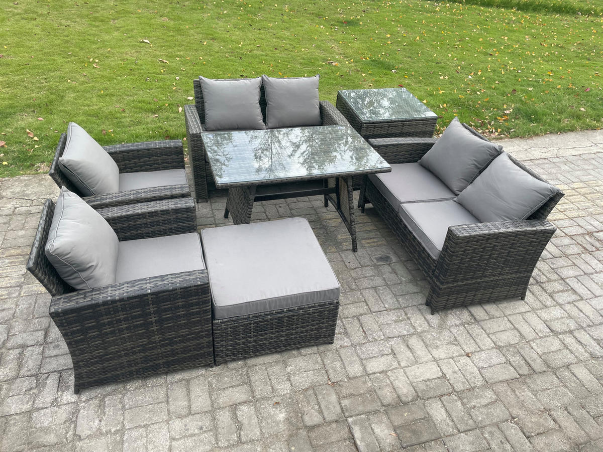 GARTENMÖBELSET mit ESSTISCH,HOCHLEHNER-SOFA Polyrattan Dunkelgrauer Mix 7-Sitzer - Dunkelgrau/Grau, Glas/Kunststoff - Fimous