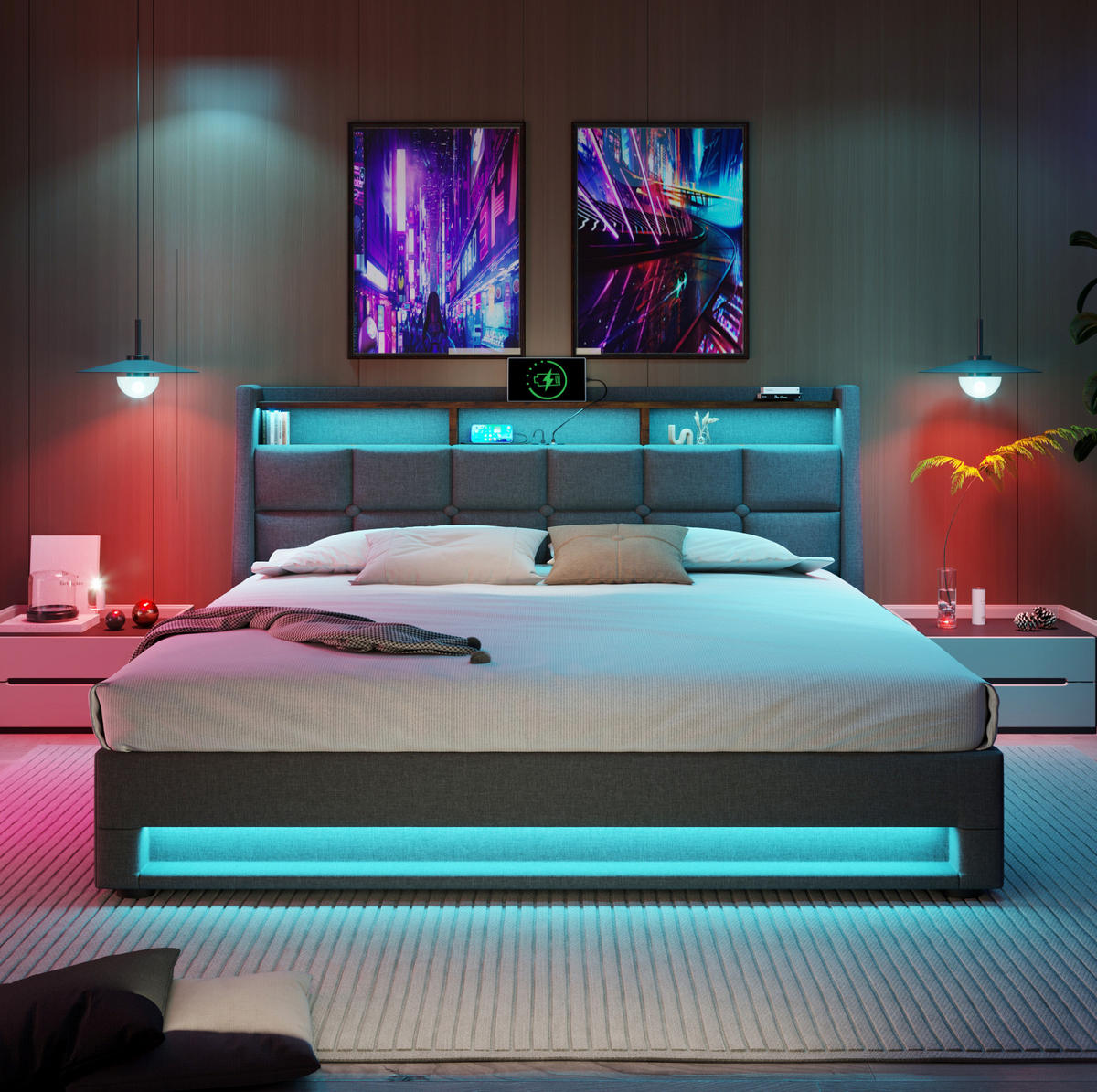 ČALOUNĚNÁ postel 140x200 cm s LED osvětlením, USB portem a úložným prostorem, Šedá - šedá, textil (140/200cm) - Redom
