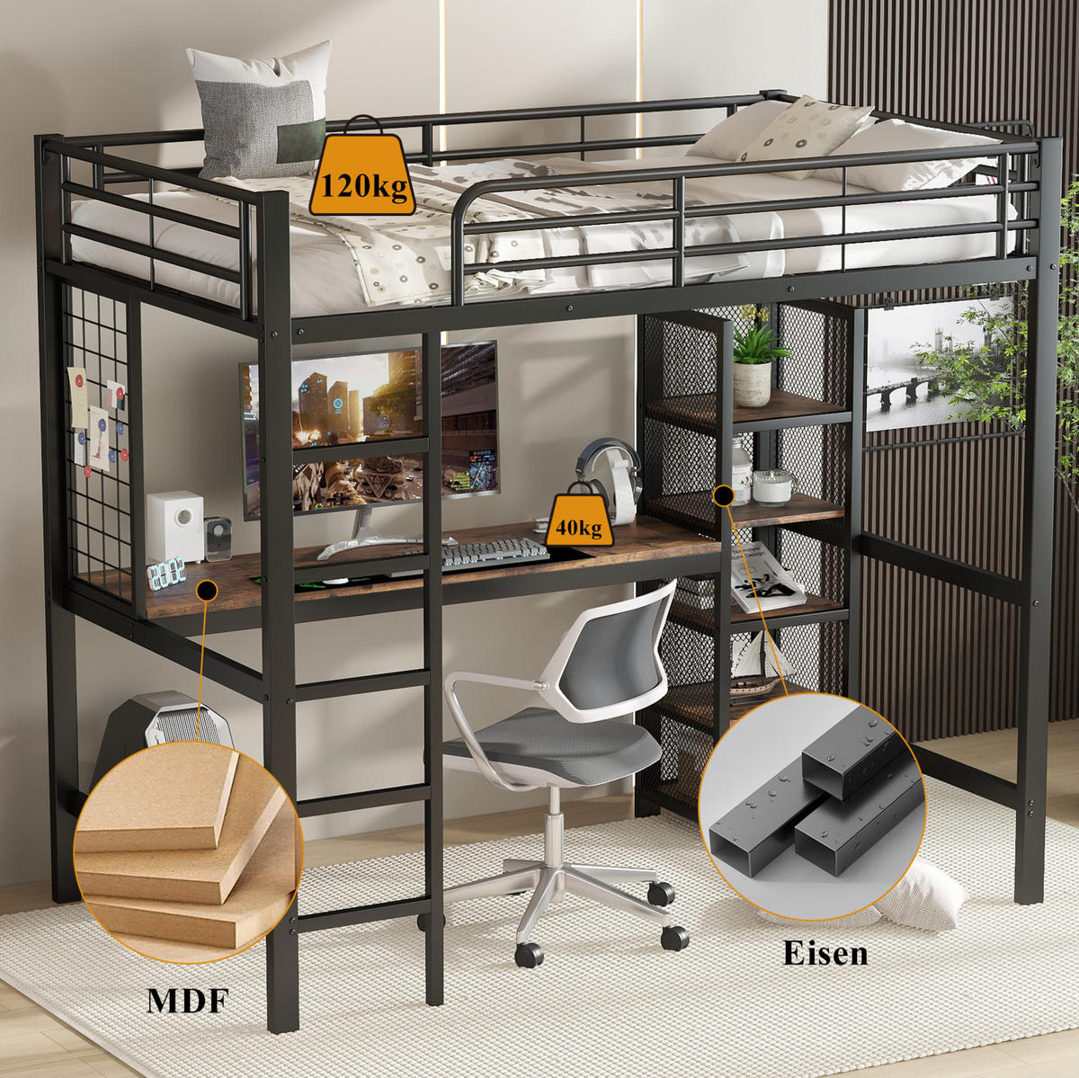 HOCHBETT 90/200 cm in Schwarz und Dunkelholz mit Schreibtisch und Regalfächern - Schwarz, Holzwerkstoff (90/200cm) - Flora Grace