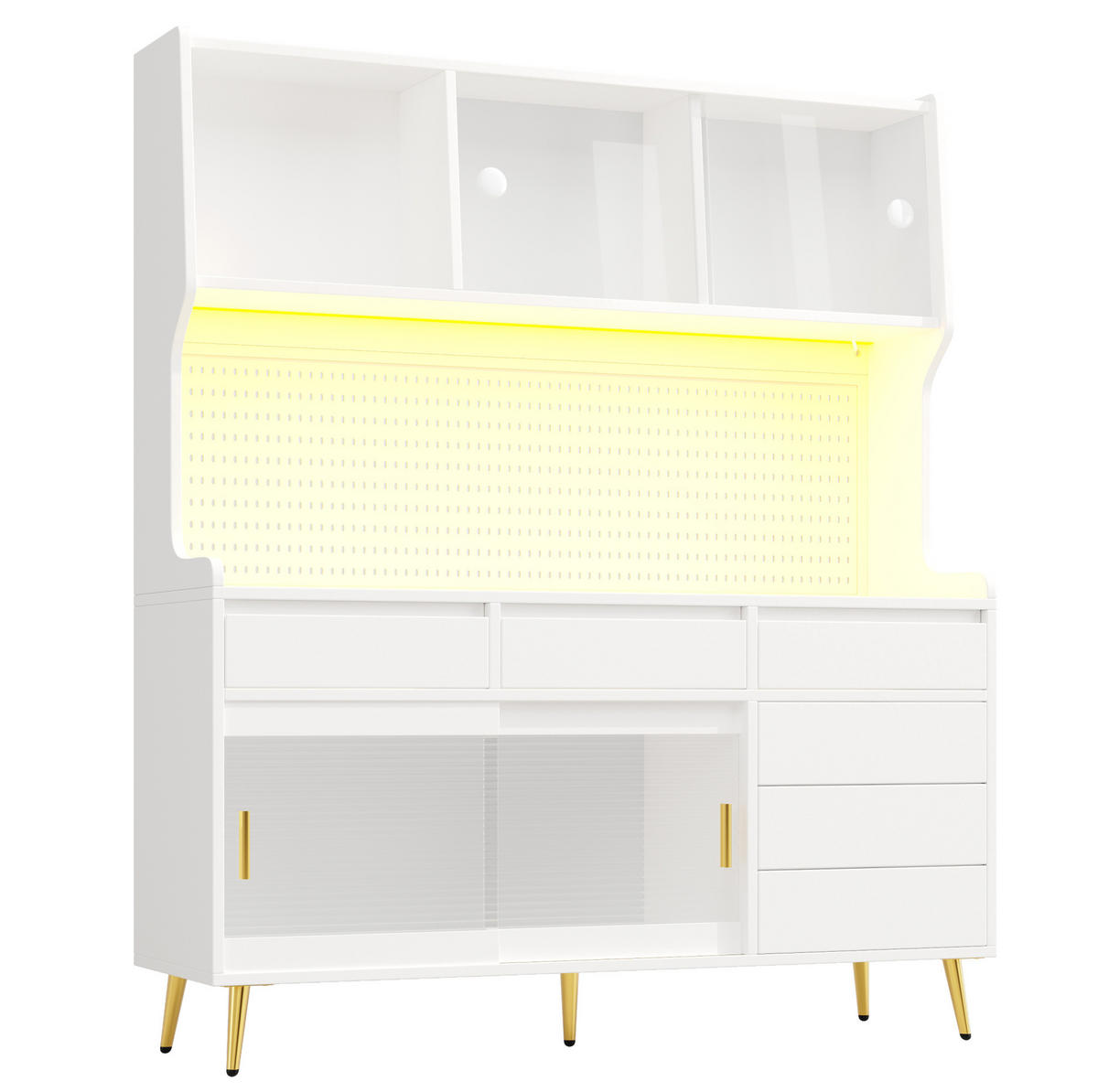 BUFFET 145/39/171 cm aus MDF und Glas mit LED-Beleuchtung und Schiebetüren Weiß - Weiß, Holzwerkstoff (145/171/39cm) - Modenvie