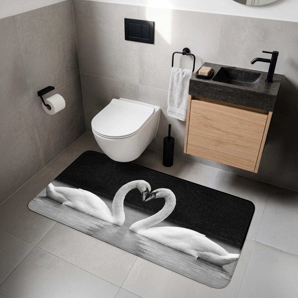 WC PŘEDLOŽKA Labutě - srdce - černá - bílá 120x60 cm - černá, textil/plast (120/1cm) - OnlyWow