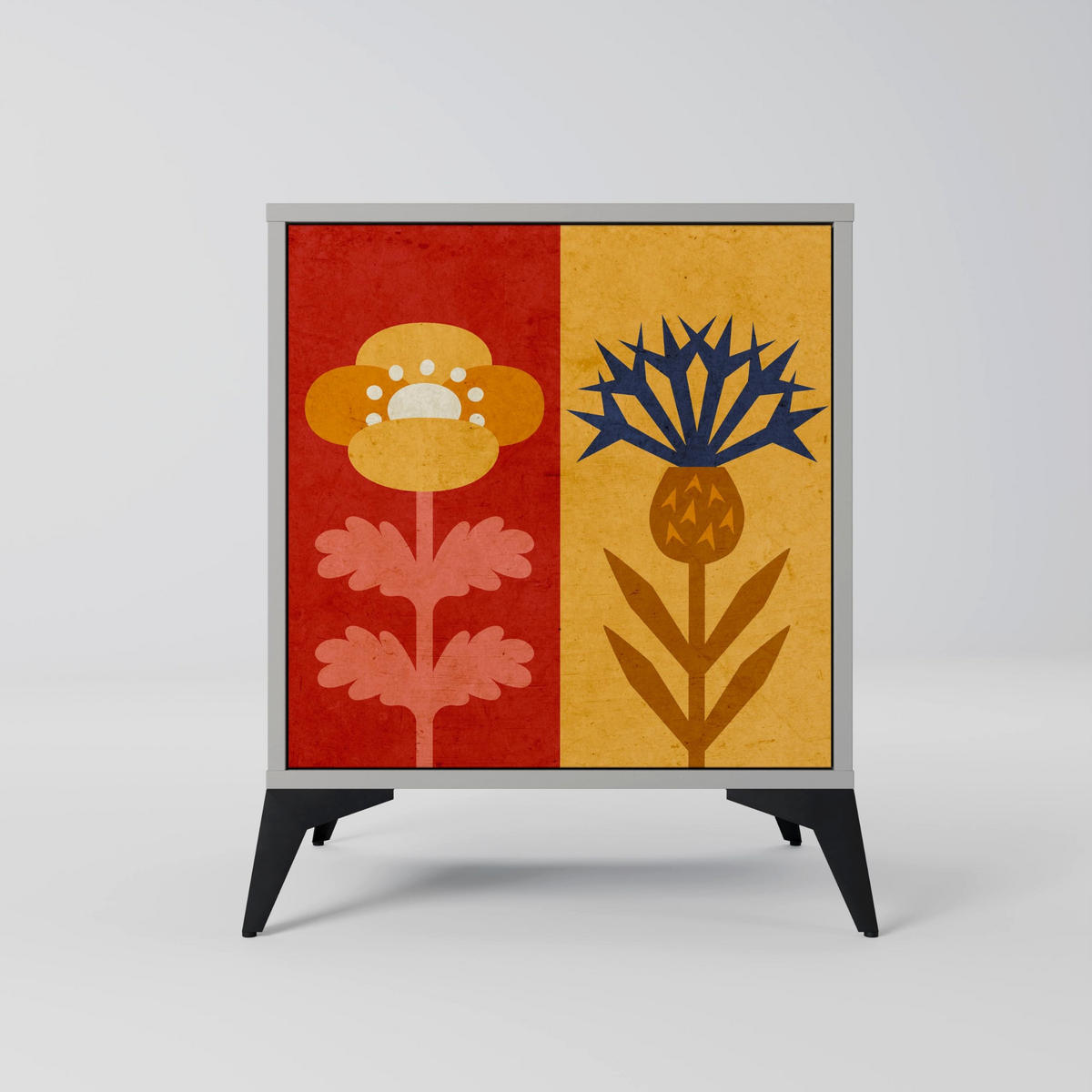 SIDEBOARD SCANDIC FLOWERET, Grau, 57,5x42x67,5 cm, Schwarze Metall-Rahmenfüße - Multicolor/Schwarz, Holzwerkstoff/Metall (57.5/67.5/42cm) - SpaceRebels
