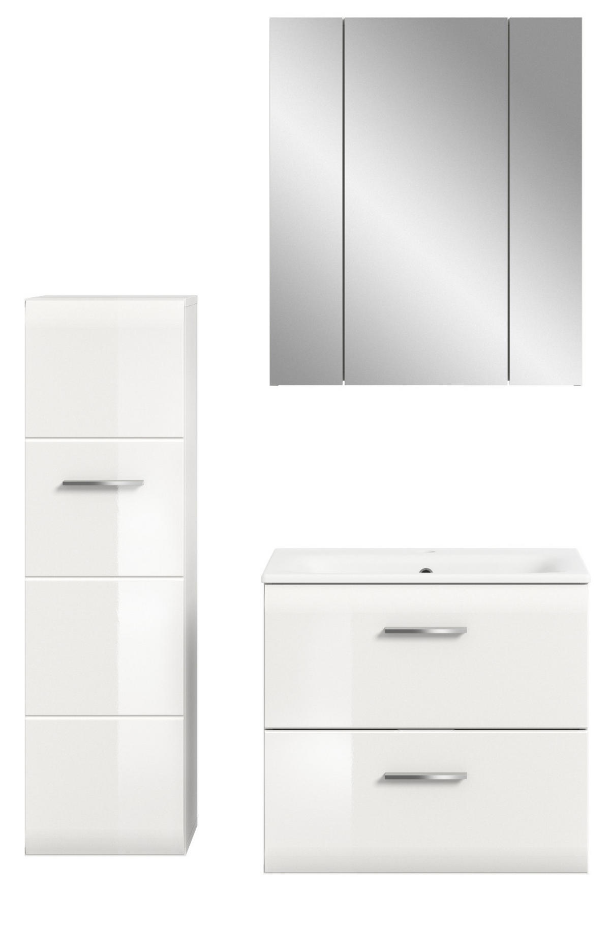 BADMÖBEL-SET weiß Hochglanz 3-teilig 105 cm, Komplettset inklusive Waschbecken - Weiß Hochglanz/Silberfarben, Glas/Holzwerkstoff (105/185/46cm) - Inn.Furn