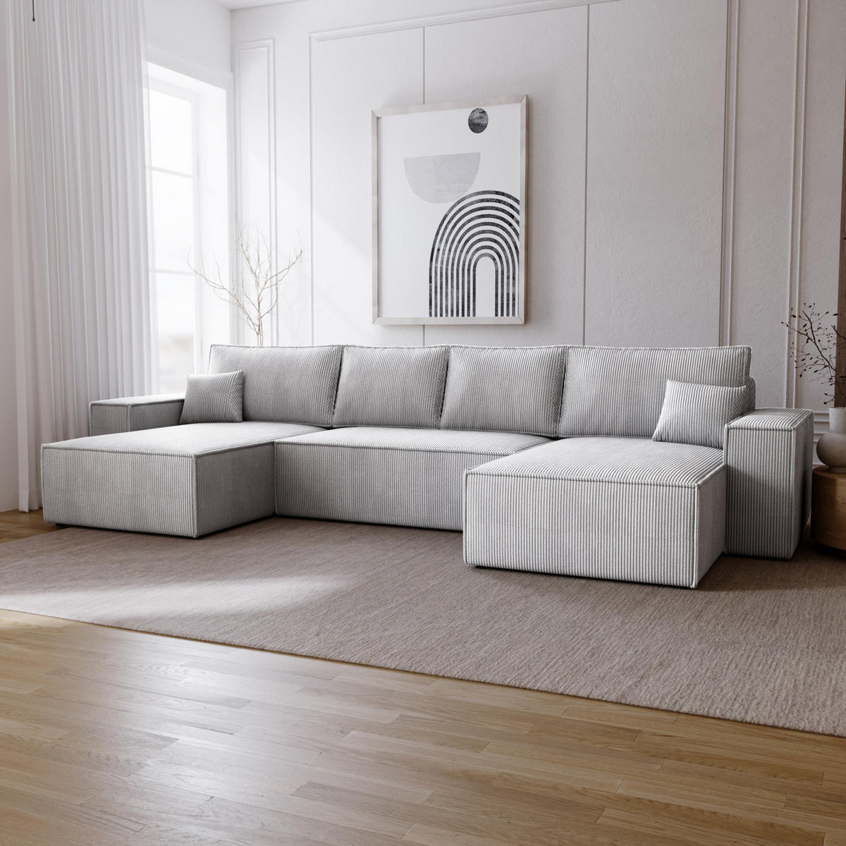 ECKSOFA U 380 cm Bergamo mit Schlaffunktion, Cordstoff, Hellgrau - Hellgrau, Holz (377/189cm) - Emporius