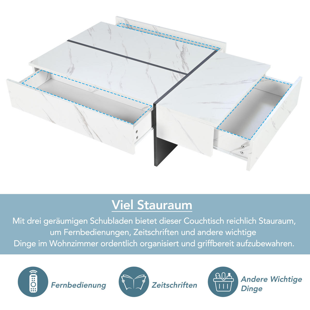 COUCHTISCH 105/60/35 cm weiß mit LED-Beleuchtung und Marmormuster - Weiß, Holzwerkstoff (105/60/35cm) - OKWISH