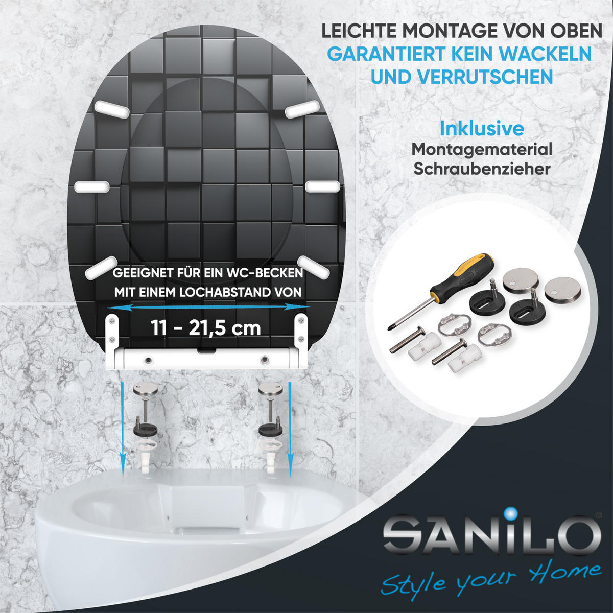 WC-SITZ mit Absenkautomatik & Top Fix Cube - Schwarz, Holzwerkstoff (37.7/5.5/48cm) - Sanilo