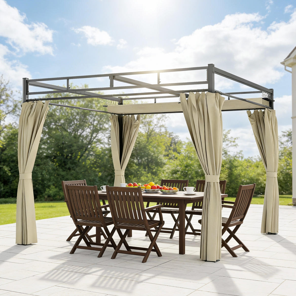 PERGOLA DE-12712 300/300 cm ausziehbar mit 4 Vorhängen UPF30+ Beige - Beige, Metall (295/221/295cm) - ComfortXL