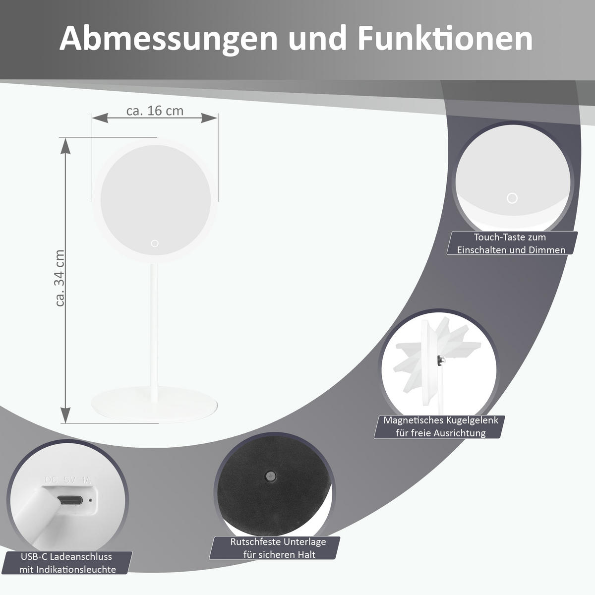 LED-KOSMETIKSPIEGEL - 5-fach Vergrößerung, 3 Lichtfarben dimmbar per Touch, Metallgehäuse in Weiß, Akku - Weiß, Metall (16/34/16cm) - Northpoint