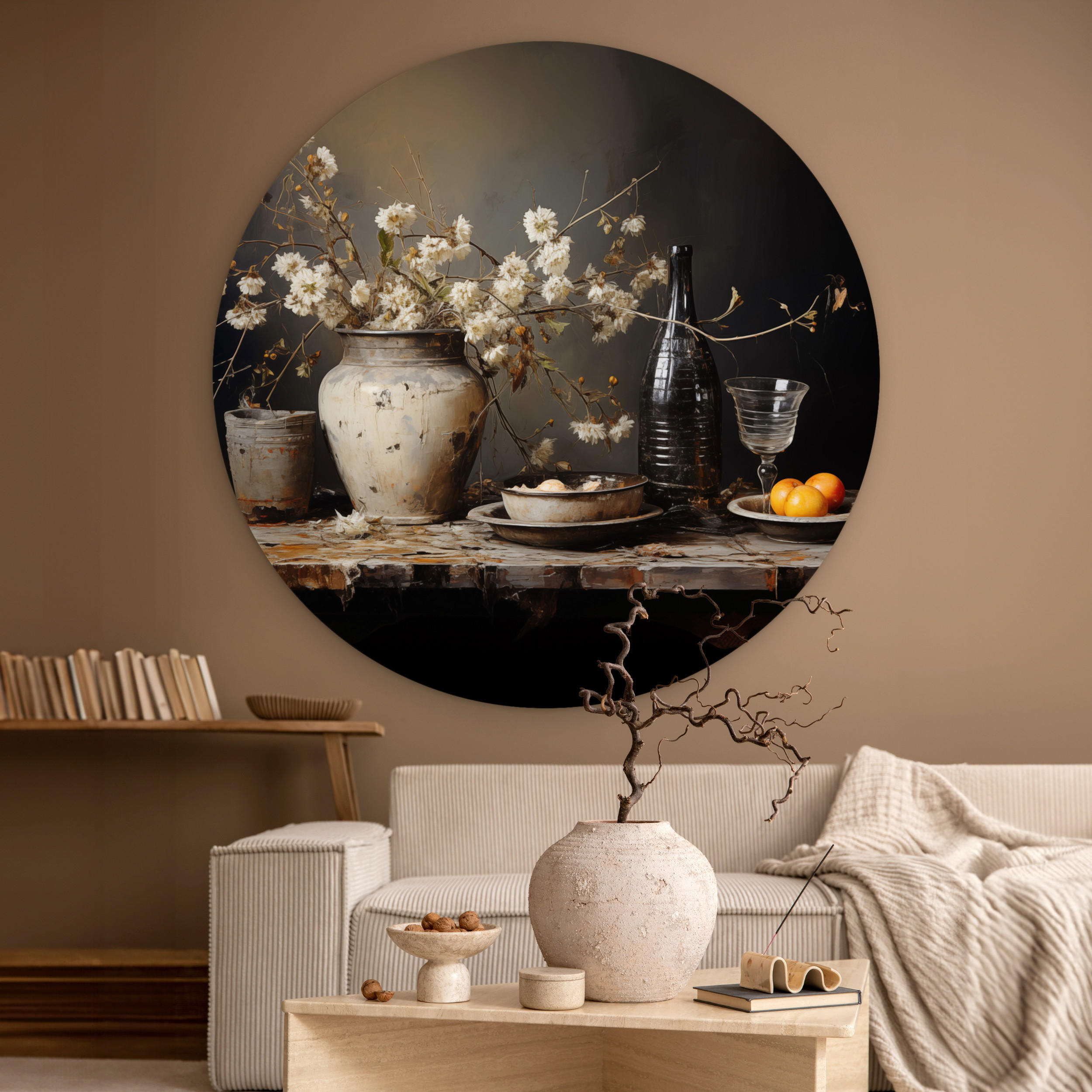 WANDBILD Stilleben - Blumen - Blumenstrauß - Vase - Wein 120x120 cm - Mokka, Kunststoff (120/120cm) - MuchoWow