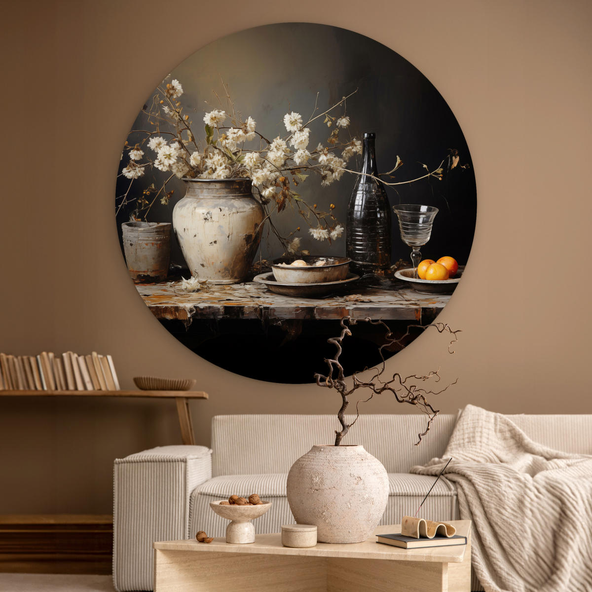 WANDBILD Stilleben - Blumen - Blumenstrauß - Vase - Wein 150x150 cm - Hellgrau, Kunststoff (150/150cm) - MuchoWow