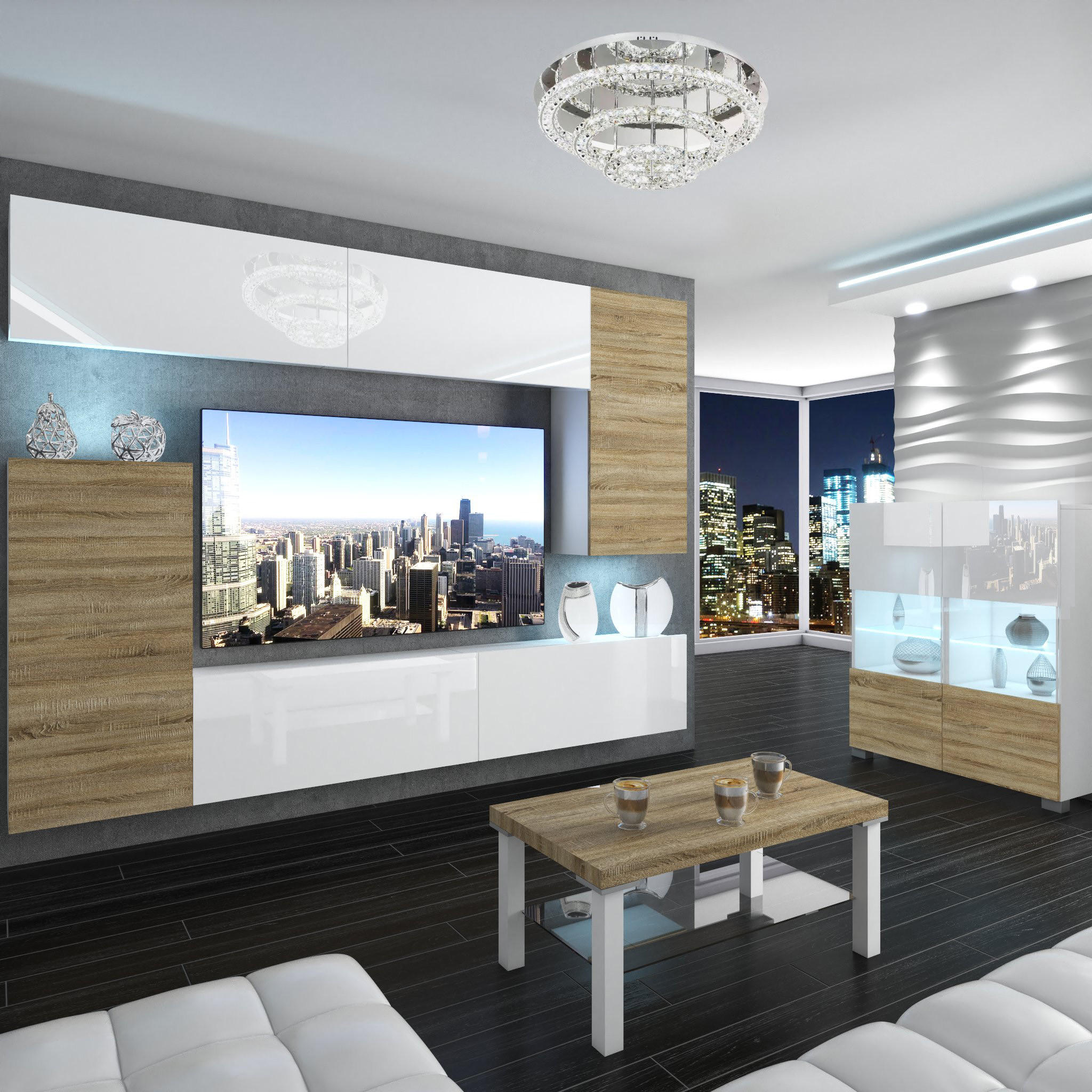 WOHNZIMMERWAND Schrankwand mit LED Weiß / Sonoma Eiche - Weiß/Braun, Holz (250/180/36cm) - B BELINI GROUP
