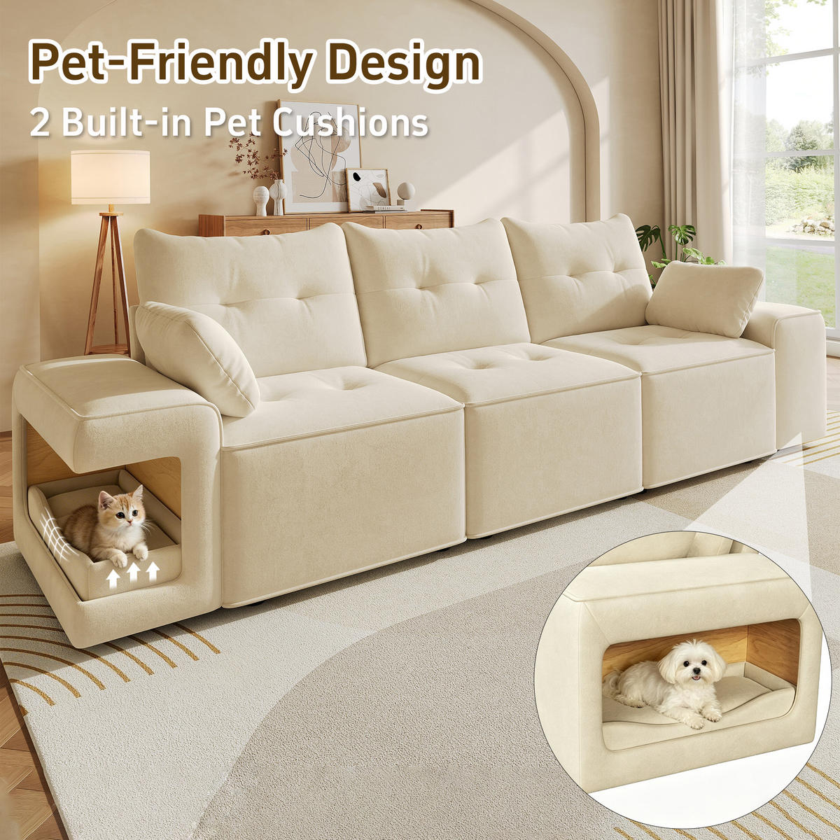 SOFA Beige 3 Sitzer Stauraum breite Armlehnen Kissen - Beige, Textil (78/84/229.5cm) - FLIEKS