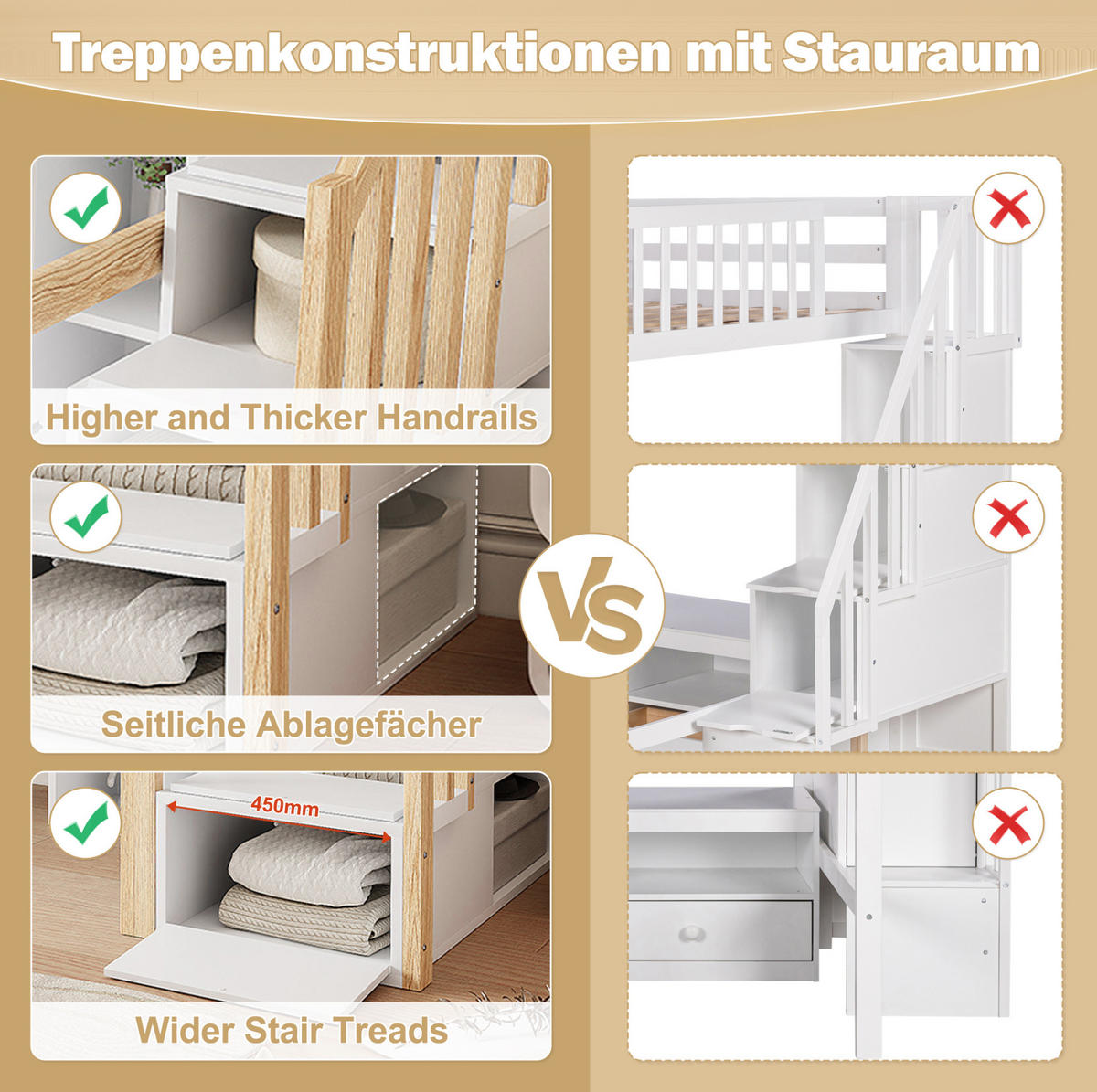 HOCHBETT aus Kiefernholz und MDF 90x200 cm Weiß/Natur mit LED-Beleuchtung, Stauraumleiter und Schreibtisch - Weiß, Holzwerkstoff (90/200cm) - IVMEU