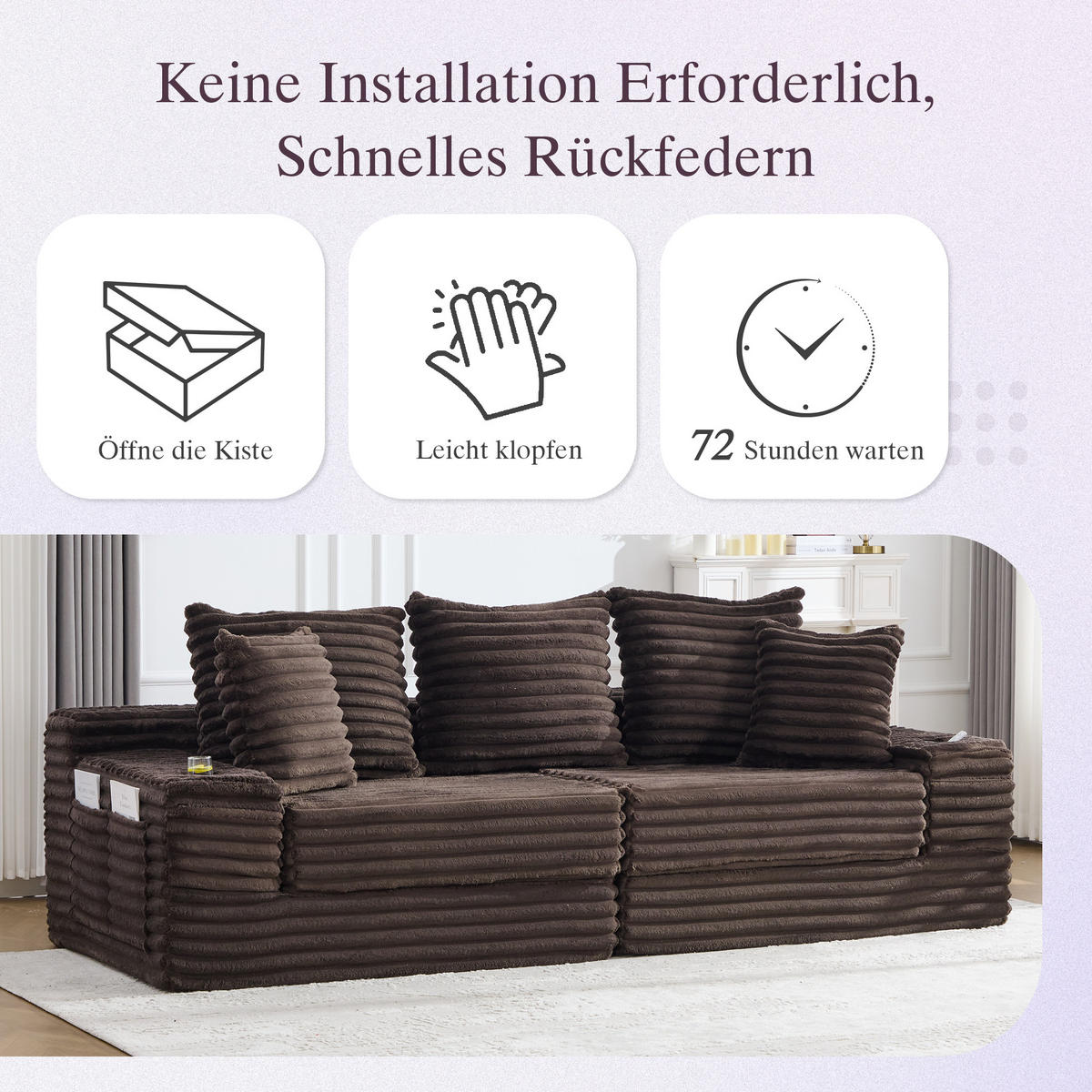 SCHLAFSOFA aus Cord mit Getränkehaltern und Kissen, Kaffeebraun - Mokka, Textil (107.48/34.25/38.58cm)