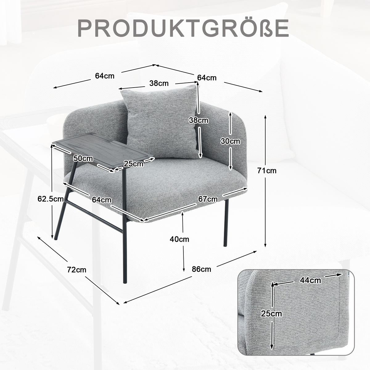 SESSEL Chenille Grau mit Beistelltisch und Seitentaschen - Grau, Textil/Metall (86/71/72cm) - WISHDOR