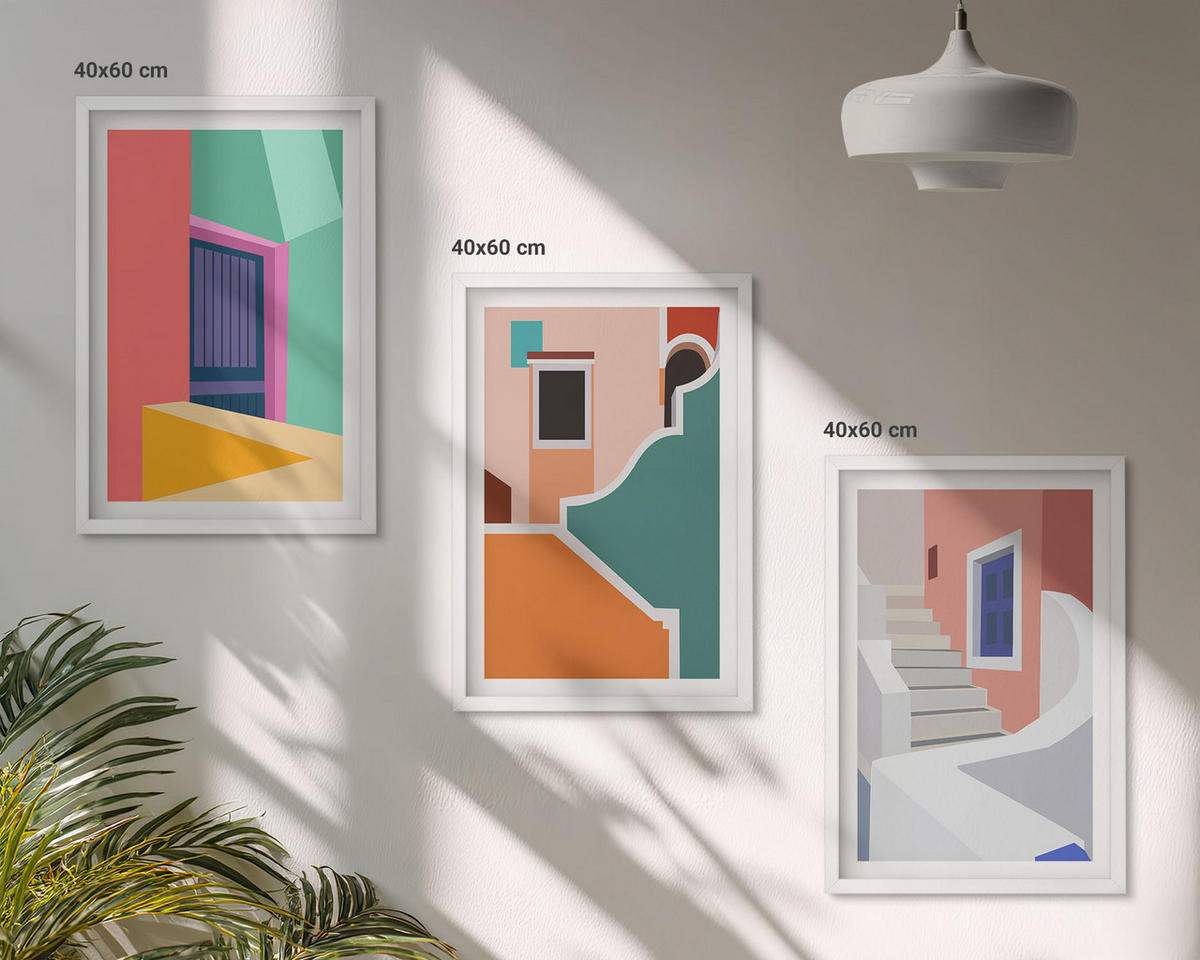 WANDBILDER 3er-Set - 40x60 cm Weißer Rahmen - Farbenfrohe Illustrationen von Gebäuden - Weiß, Kunststoff (40/60cm) - ArtPrintCave