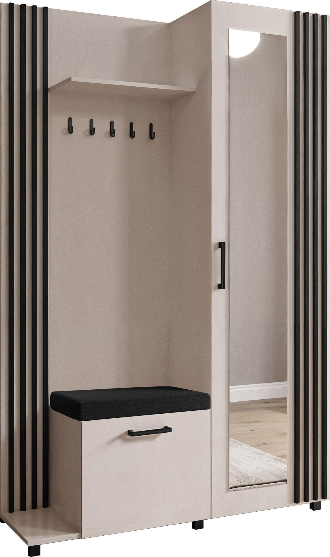 GARDEROBE Linaro mit Spiegel, Sitzbank in Lamellen-Optik 137/207/42 cm, Links - Kaschmir/Schwarz, Holzwerkstoff (137/207/42cm) - WFL GROUP