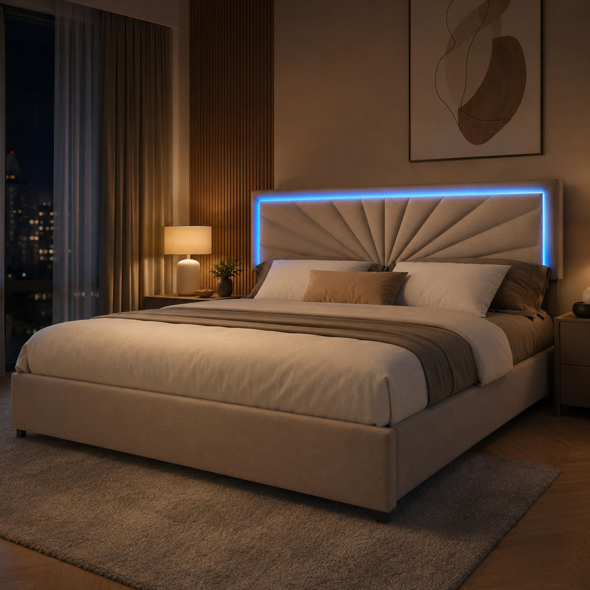 POLSTERBETT 160x200 cm Beige mit LED und Schubladen - Beige, Holz/Metall (160/200cm) - Joyfair