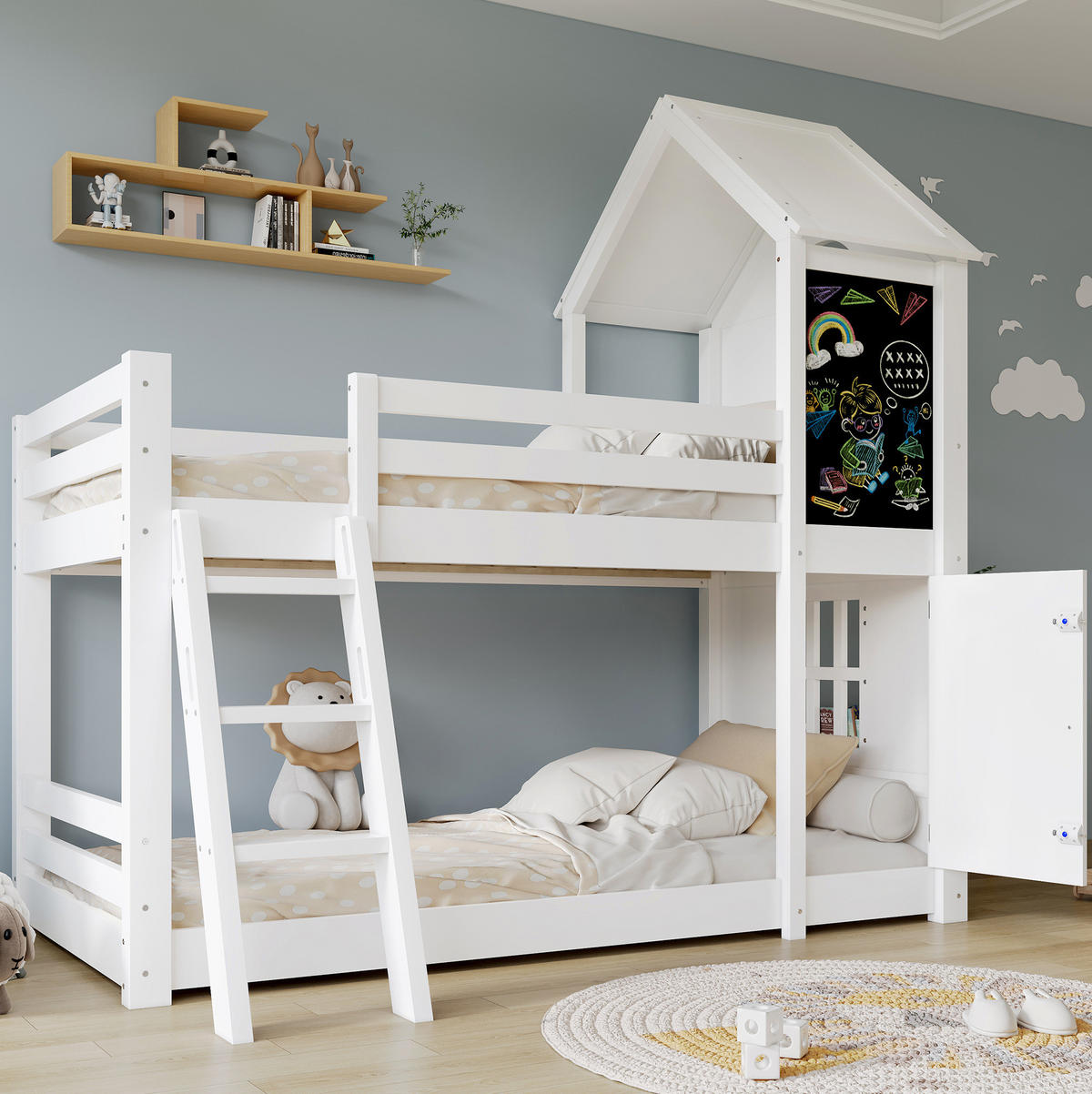 ETAGENBETT aus Kiefer und MDF 90x200 cm Weiß mit Tafel, kleiner Tür, Dach und schräger Leiter - Weiß, Holzwerkstoff (90/200cm) - Modfu