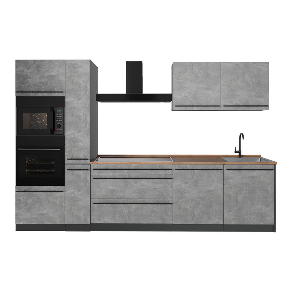 KÜCHENZEILE R-Line, Beton/Anthrazit, 310 cm Arbeitsplatte Goldkraft Eiche - Anthrazit/Grau, Holzwerkstoff (310/206.8/60cm) - Vicco