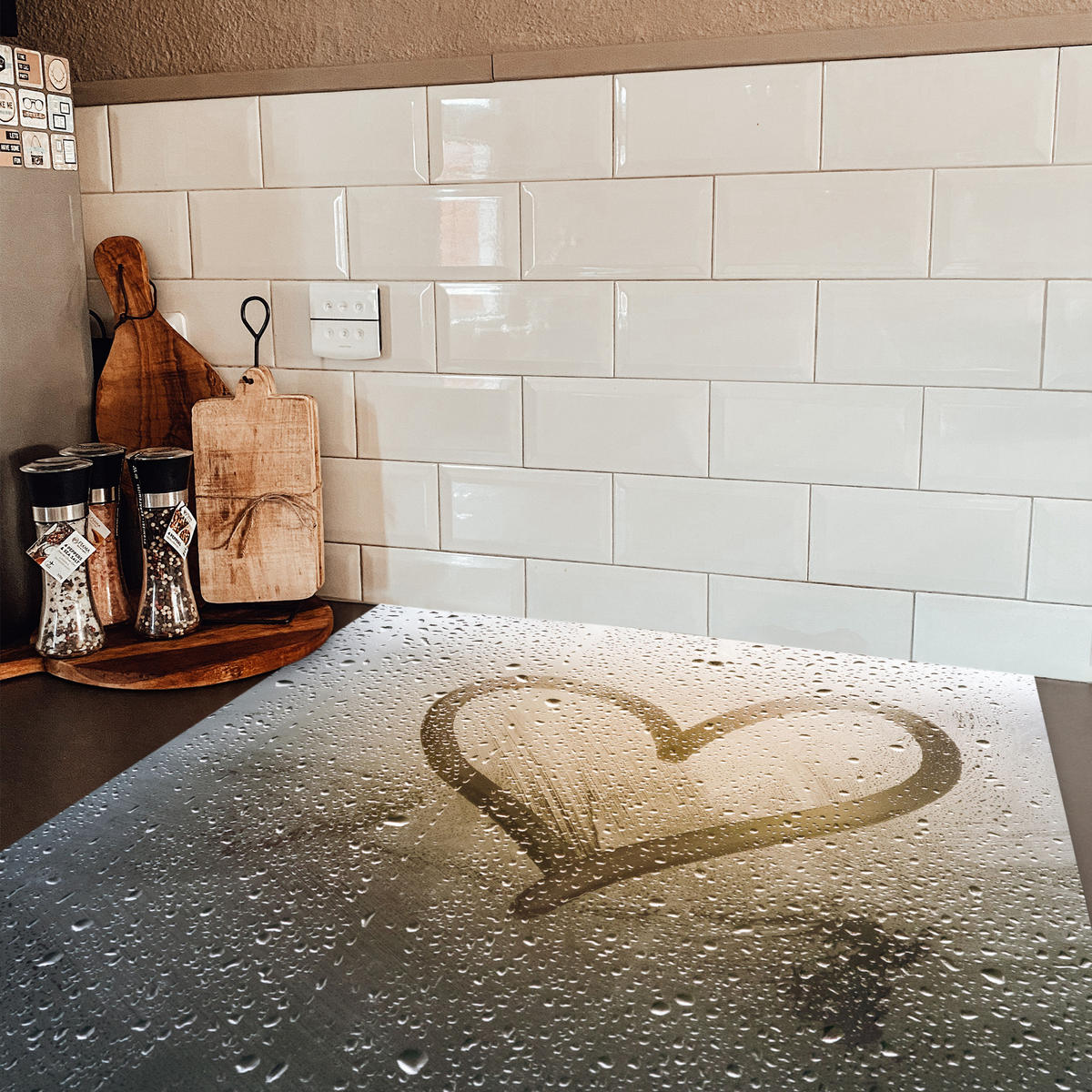 HERDABDECKPLATTE Herz - Kondenswasser - Wasser - 3D Induktionsmatte 78x78 cm - Grau, Kunststoff (78/78/0.2cm) - MuchoWow