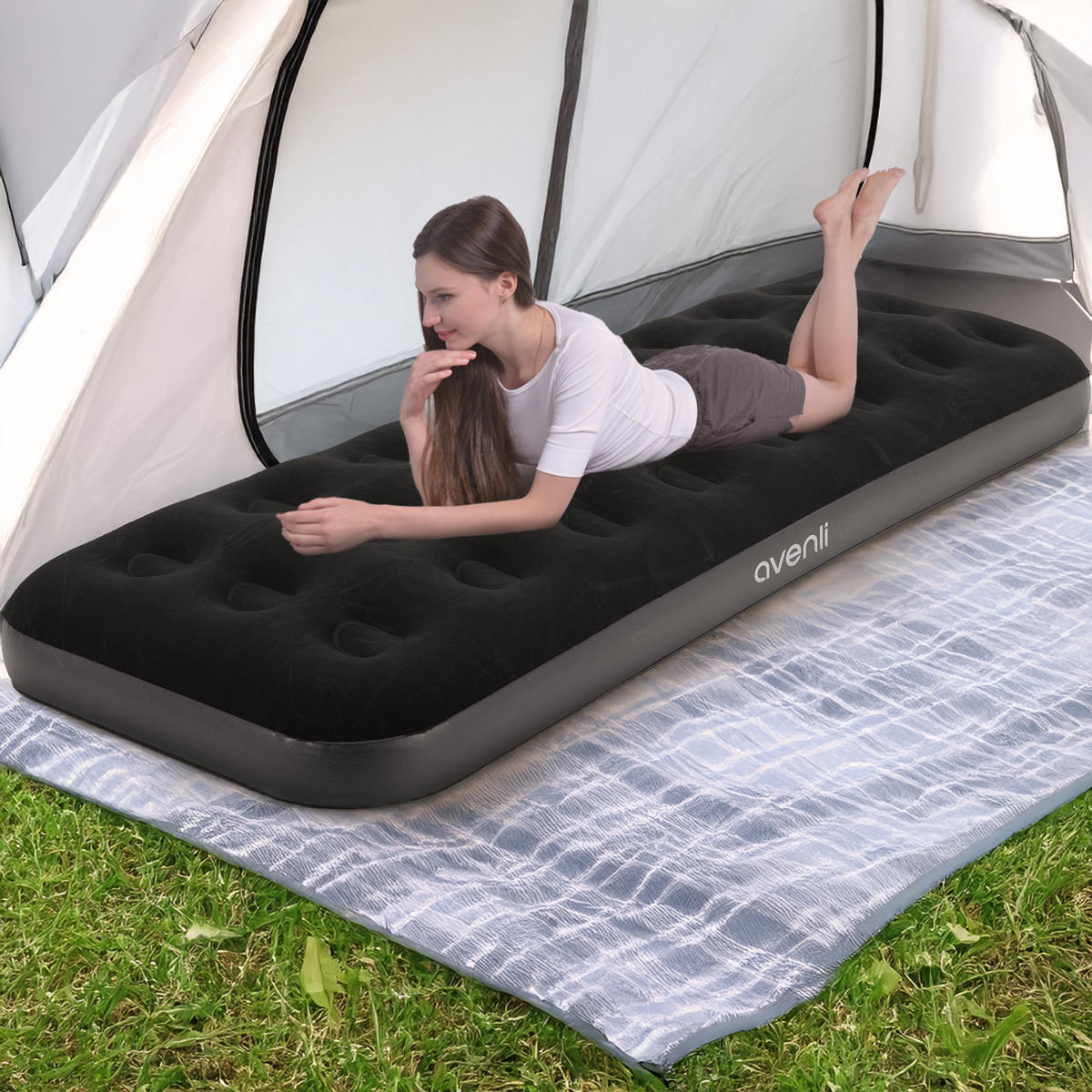 LUFTBETT Luftmatratze Camping 1 Person 191x73x22cm schwarz aufblasbar ohne Pumpe - Schwarz, Kunststoff (73/191cm) - Avenli