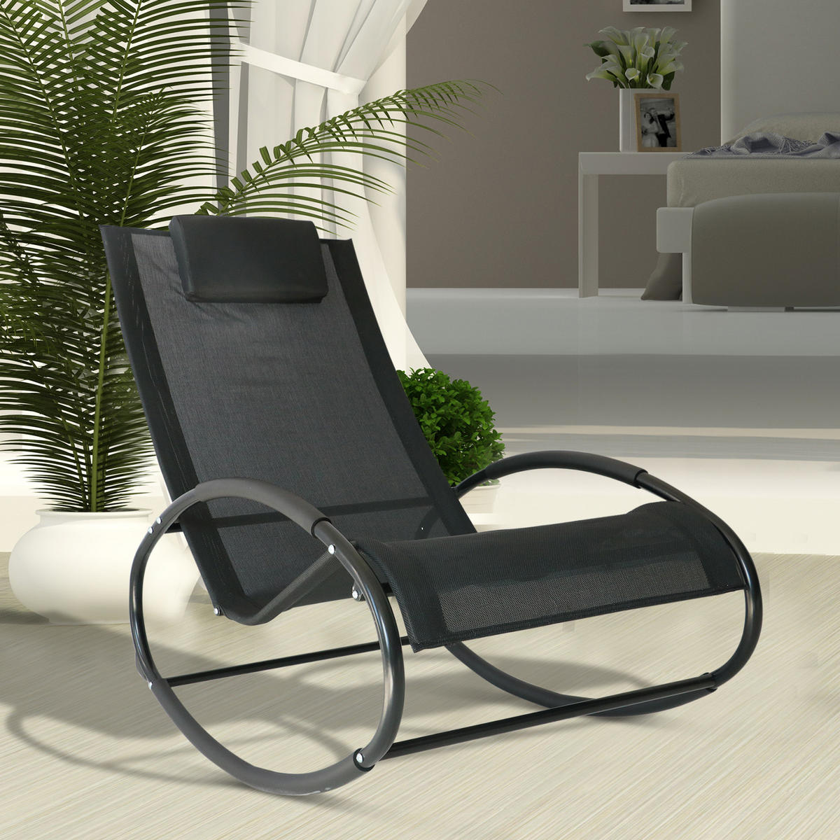 SCHAUKELLIEGE mit Kopfkissen, Texteline + Metall, 105 x 62 x 88 cm, Schwarz - Schwarz, Metall (62/88/105cm) - Outsunny