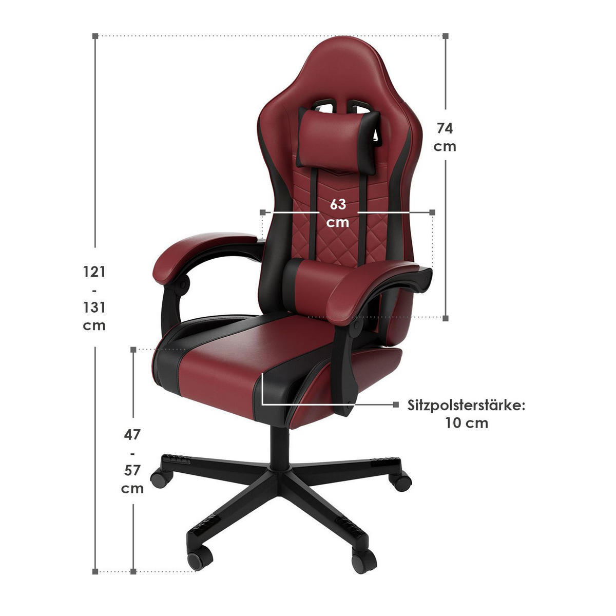 GAMINGSTUHL HyperSeat bordeaux/schwarz - Bordeaux, Kunststoff (63/131/121cm) - Juskys