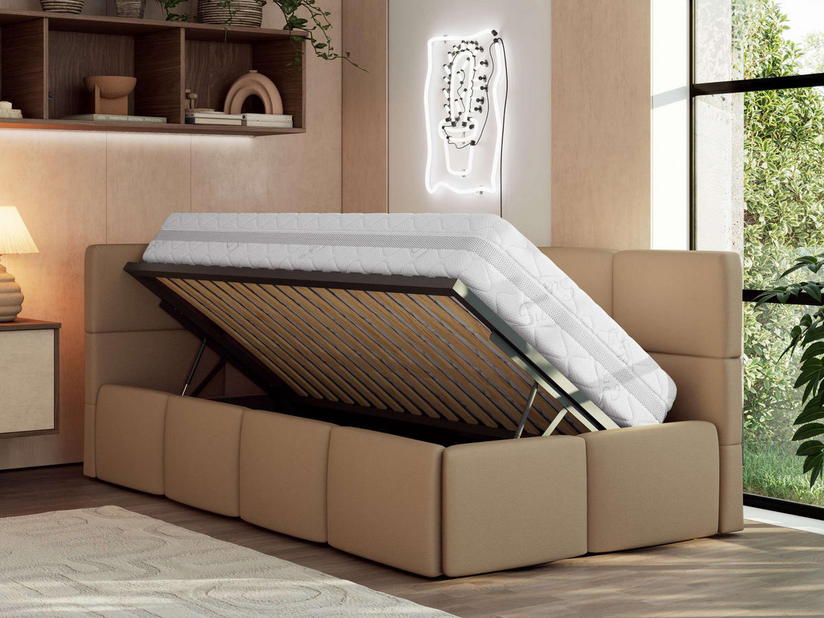 JUGENDBETT ARVO 90/200 - Braun Kunstleder - Multipocket-Matratze - Links Seite - Braun, Textil (90/200cm) - MKS