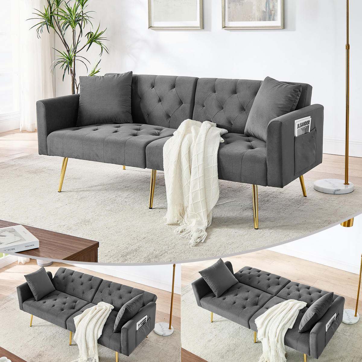 SCHLAFSOFA 177/78/74 cm in Gray Samt mit Aufbewahrungstasche - Grau, Textil (78/74/177cm) - Oxeza