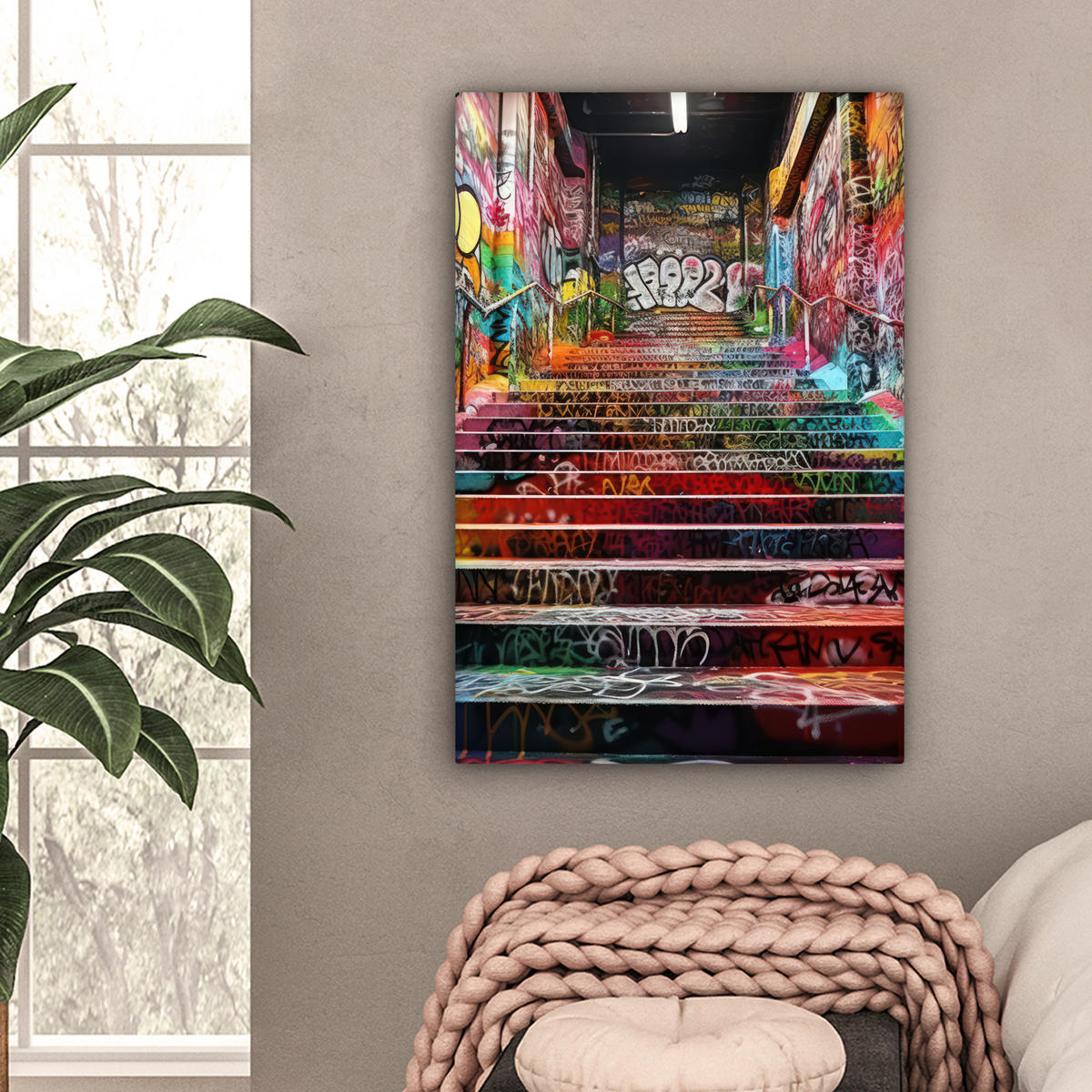 LEINWANDBILD Treppe - Graffiti - Farben - Kunst Wanddeko Schlafzimmer 60x90 cm - Multicolor, Textil (60/90cm) - MuchoWow