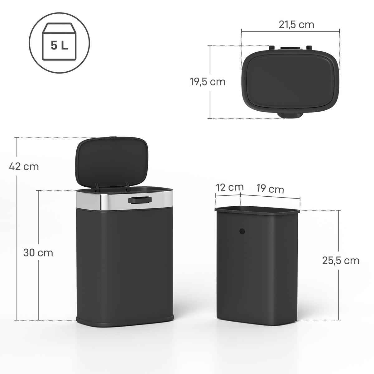 MÜLLEIMER Edelstahl Küchenmülleimer mit Druck-Öffnen offen bleibendem Deckel - Schwarz, Metall (19.5/30/21.5cm) - HOMCOM