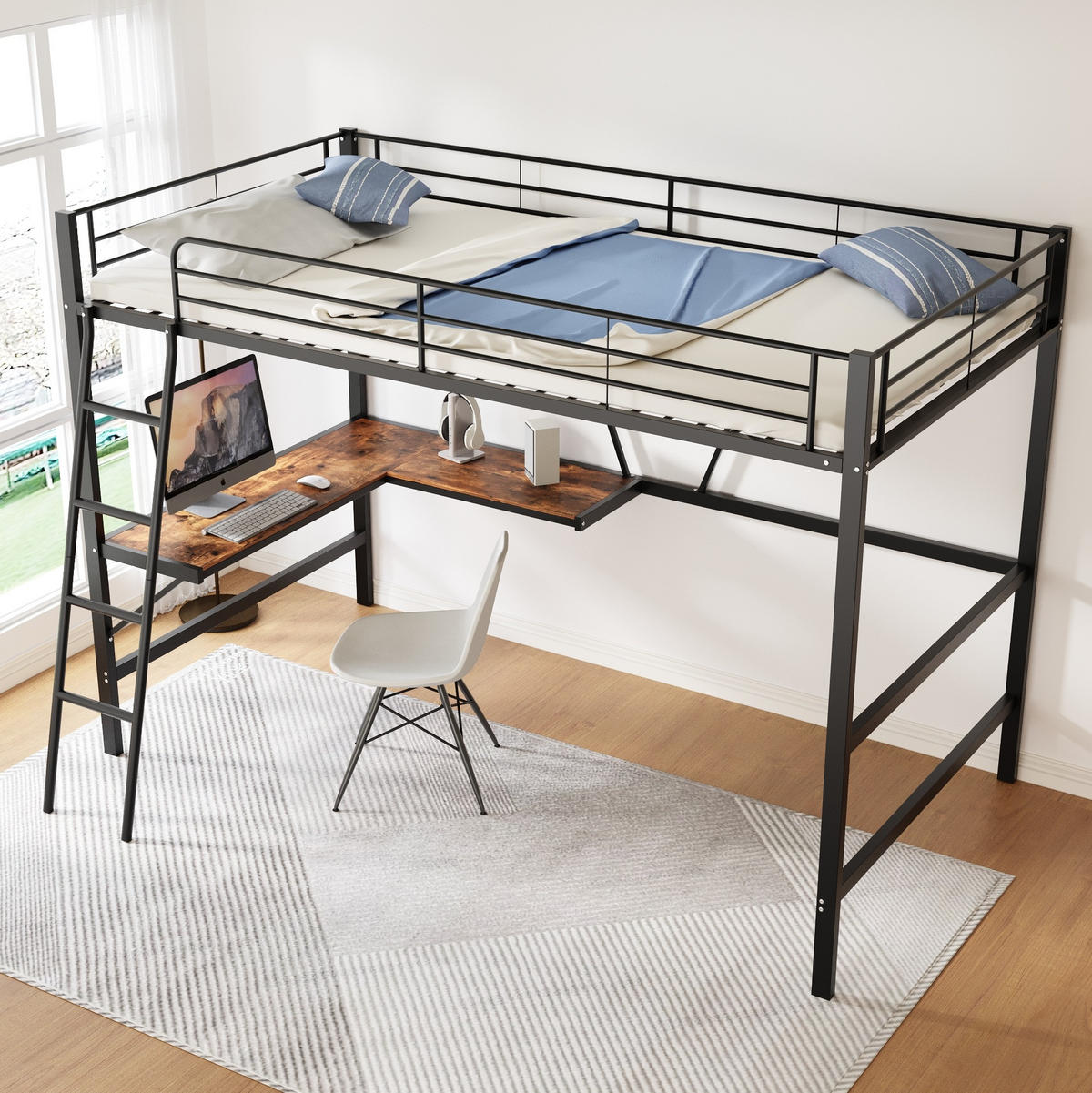 HOCHBETT 90/200 cm Schwarz aus Metall mit L-förmigem Schreibtisch und Regal - Schwarz, Metall (90/200cm) - OKMYHOME