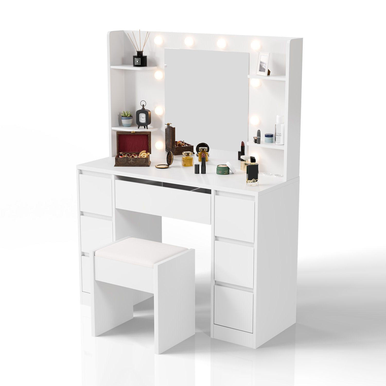 SCHMINKTISCH Malia mit LED und Hocker Melly - Weiß, Holz (107/140/40cm) - Juskys