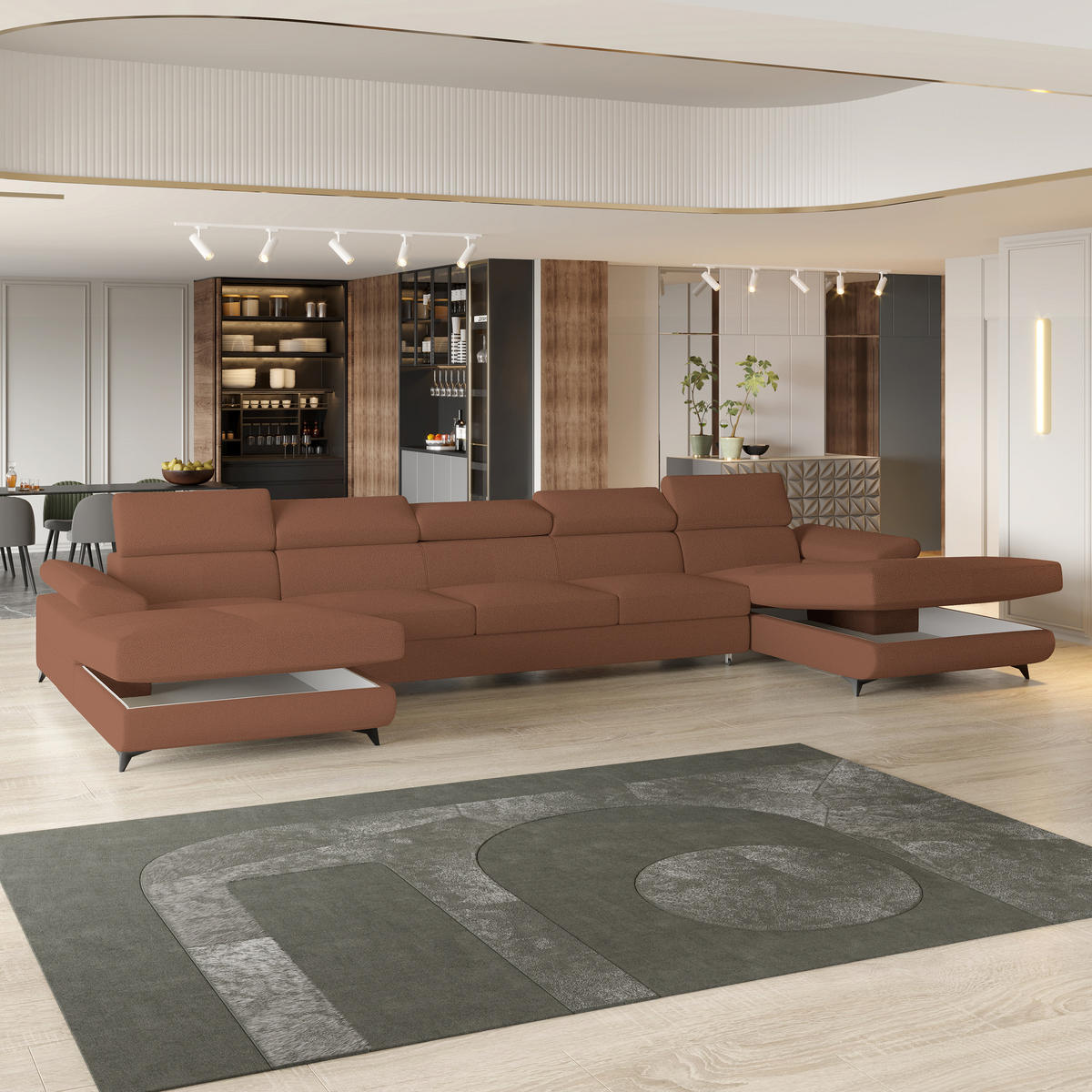 WOHNLANDSCHAFT VIVENTE Kupferfarben Boucle-Stoff mit Schlaffunktion - Kupferfarben, Holz (410/89/190cm) - MASSENO