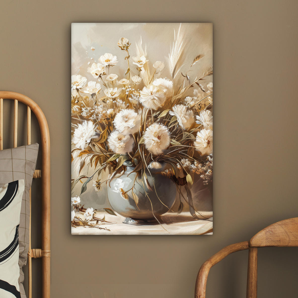 LEINWANDBILD Blumen - Vase - Stilleben - Beige 40x60 cm - Creme, Textil (40/60cm) - MuchoWow